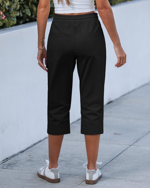 GRAPENT Capri Pants for Women - Casual Cargo Style with Elastic Waist & Drawstring | Comfortable Cotton Cropped Design