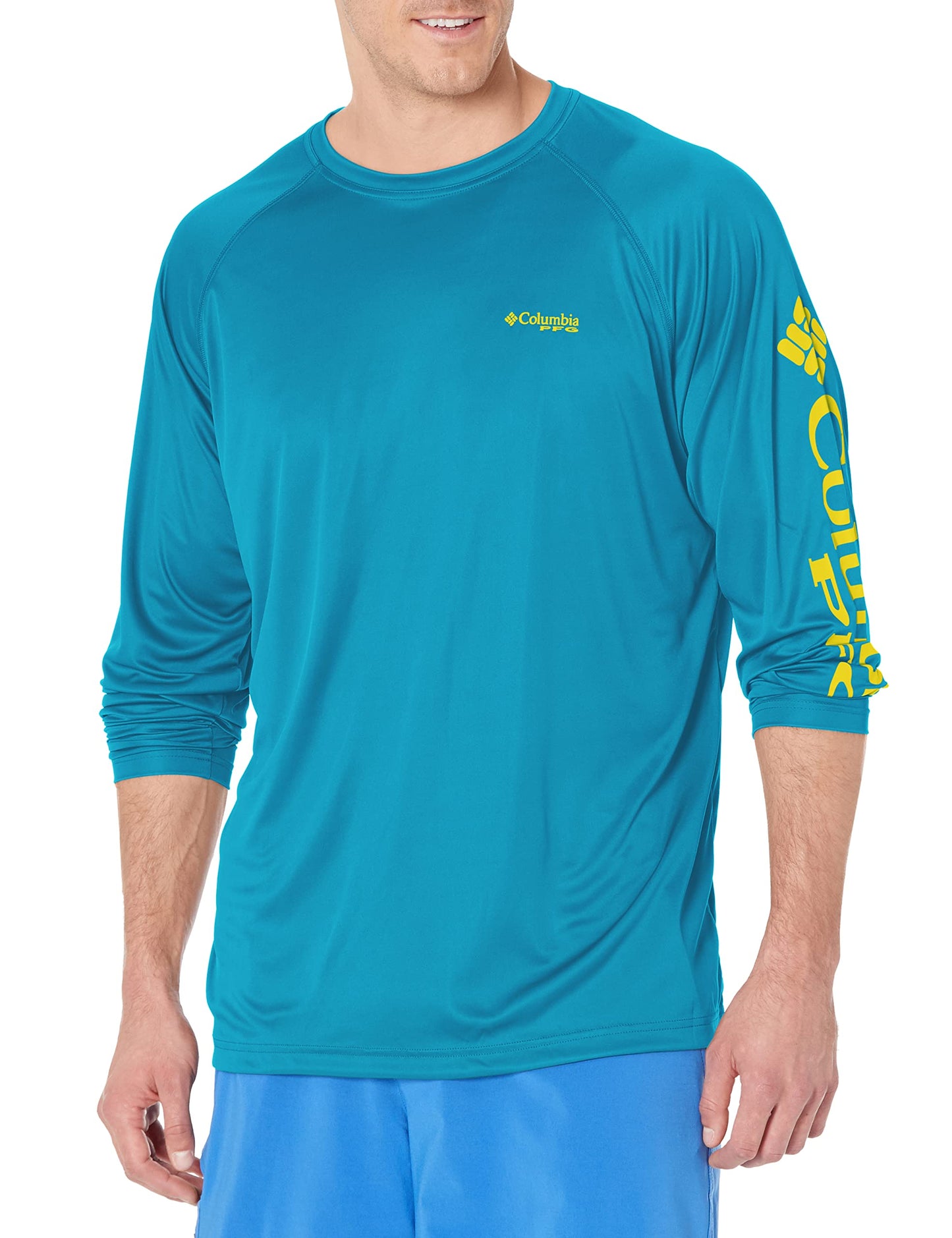 Columbia Men's Terminal Tackle Long Sleeve Fishing Shirt, Deep Marine/Laser Lemon Logo, X-Small
