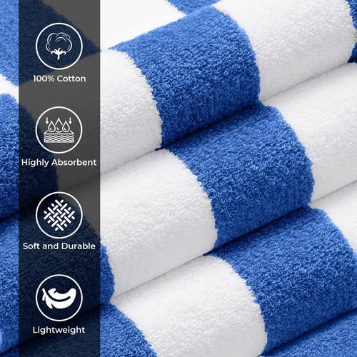 Avalon Towels Cabana Beach Towels - Oversized 100% Ring Spun Cotton, Quick Drying | 30x60 Inches, Blue Stripe, 4 Pack