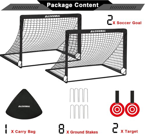 BaseGoal Soccer Goals - Portable Pop-Up 4x3ft Set of 2 for Kids | Complete Outdoor Training Kit with Ball & Cones