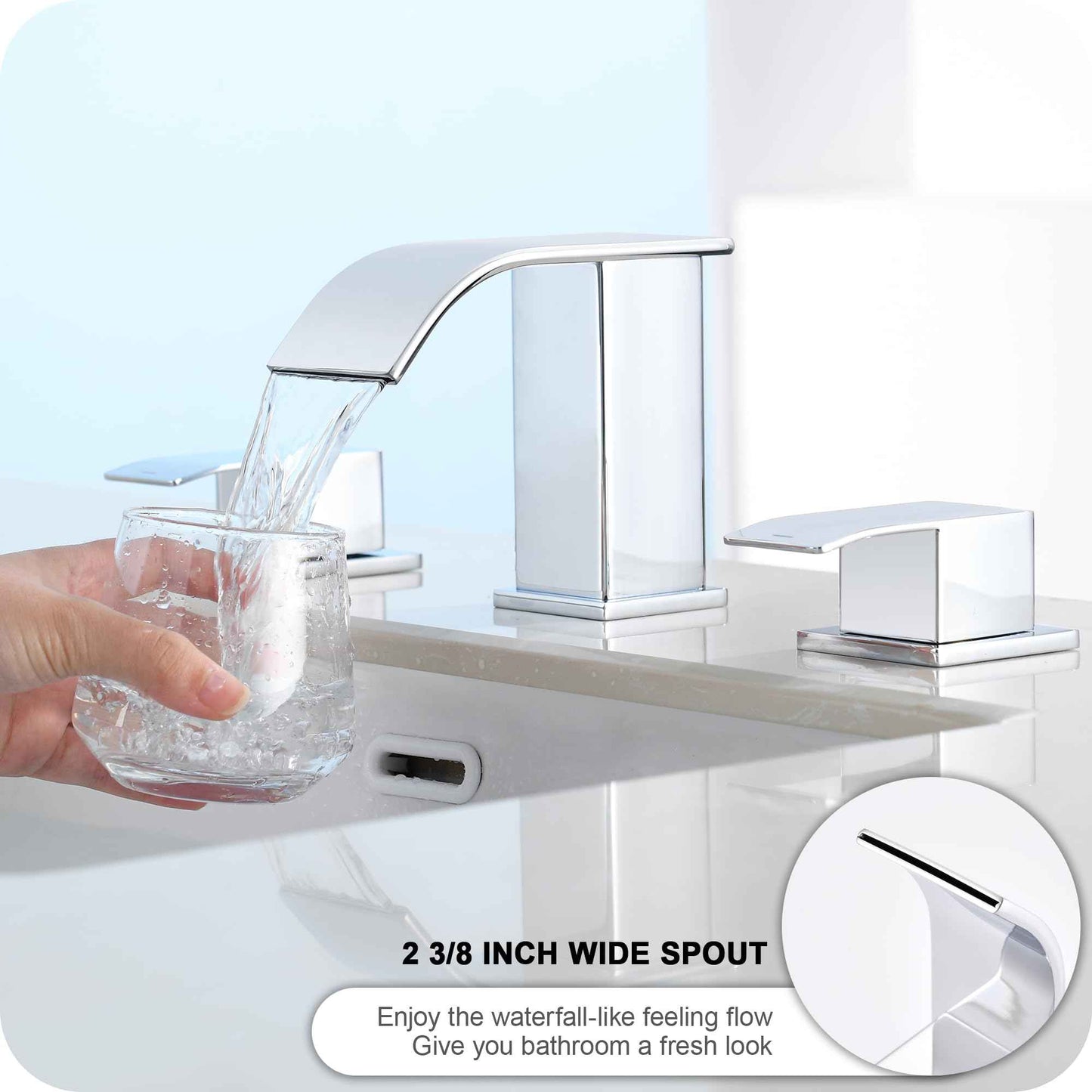 Patent No. : US D967,340 S, GAGALIFE 8 Inch Waterfall Bathroom Faucets for Sink 3 Hole - Chrome Bathroom Faucet with Pop-up Drain, Widespread Bathroom Sink Faucet 2-Handles, Patent No. : US D967,340 S