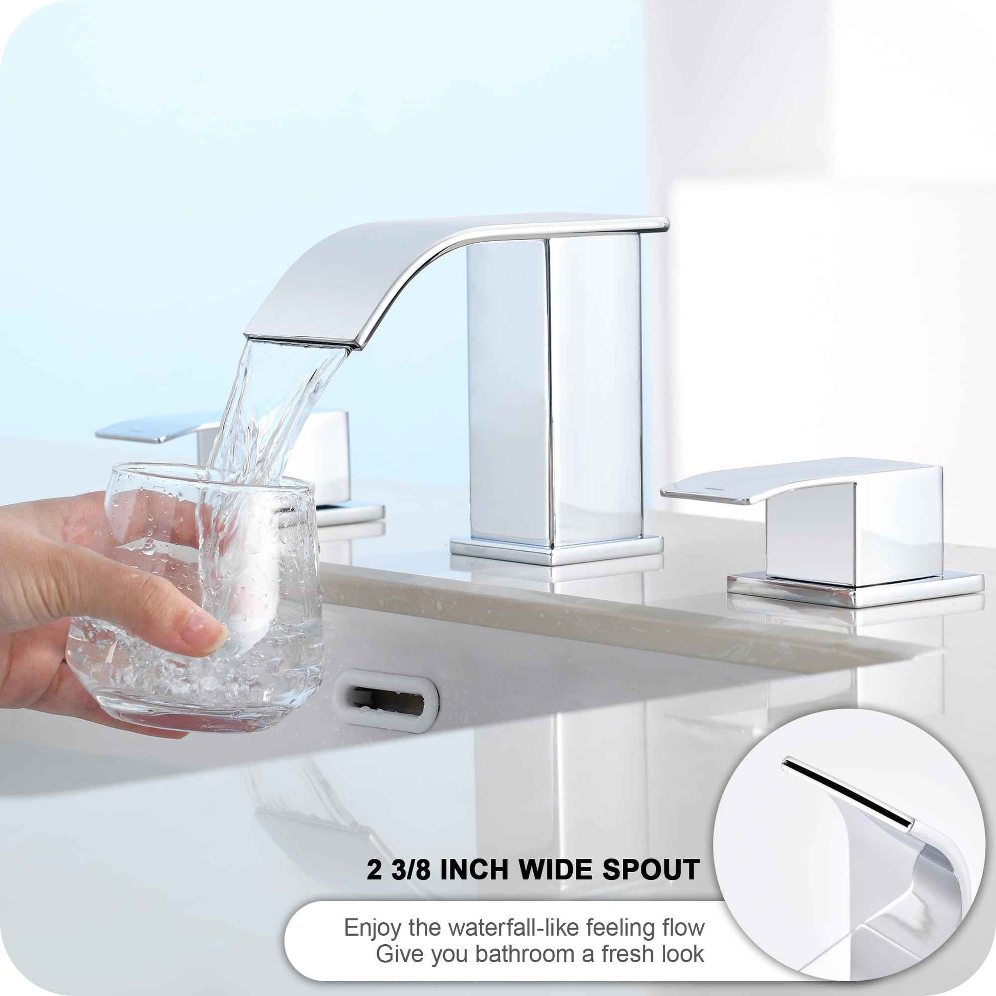 Patent No. : US D967,340 S, GAGALIFE 8 Inch Waterfall Bathroom Faucets for Sink 3 Hole - Chrome Bathroom Faucet with Pop-up Drain, Widespread Bathroom Sink Faucet 2-Handles, Patent No. : US D967,340 S