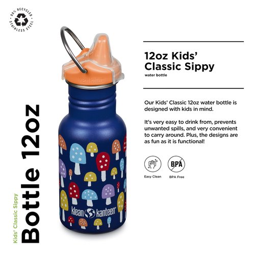 Klean Kanteen 12 oz Classic Kid's Sippy Bottle - For Little Hands - With Dust Cover & Attachable Loop - Durable, BPA-Free, Stainless Steel Material - Fits Interchangeable Caps - Mushrooms