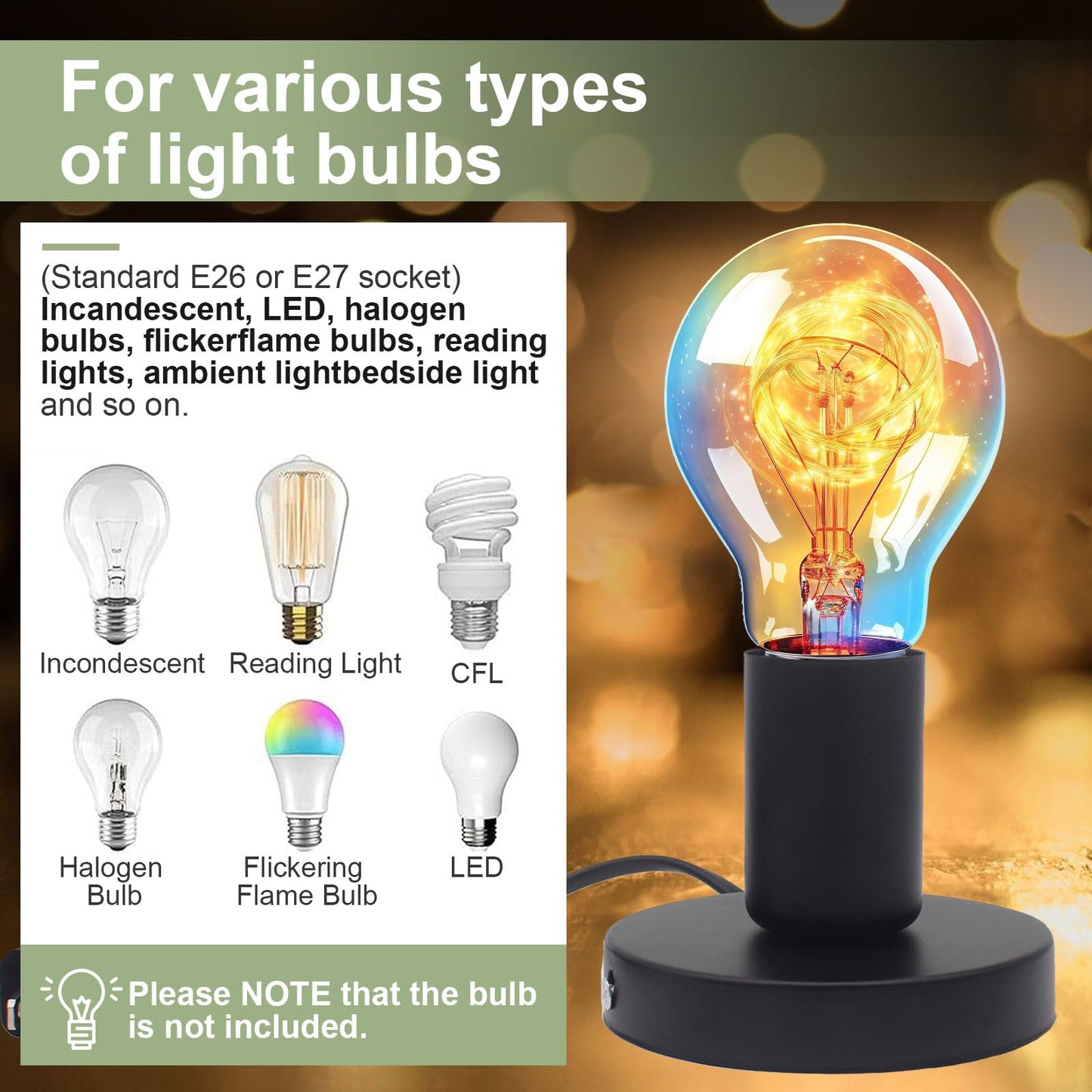 Suoyouman Industrial Table,Small Polished Metal Desktop Lamp Base Only,E26 E27 Screw Light Bulb Holder Base Lamp Replacement Base for Holding Bulb,6 Feet Cord on Off Switch Plug Black 1 Pcs