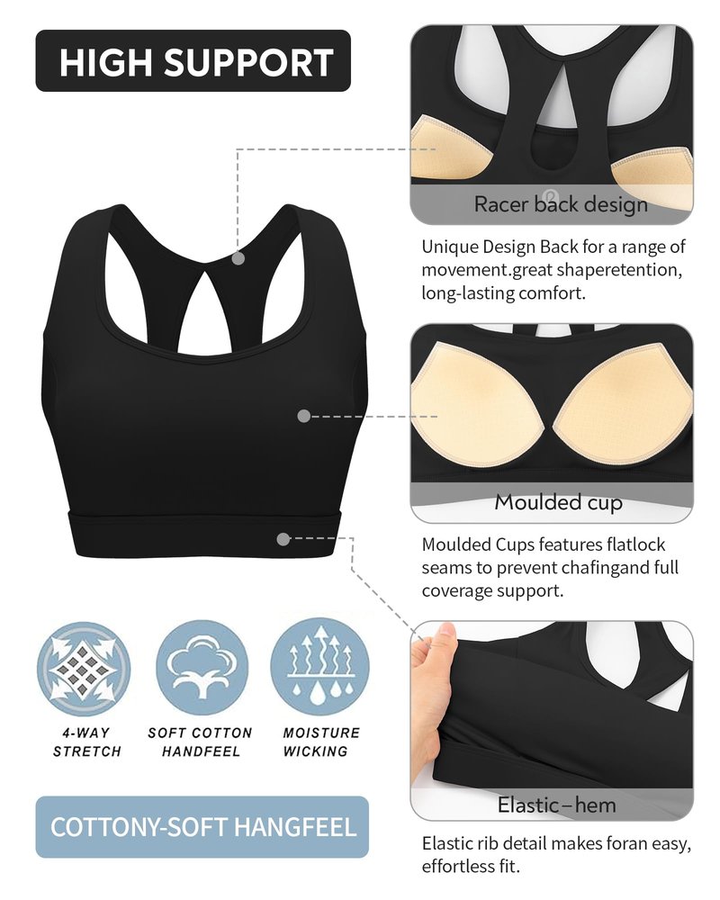 RUNNING GIRL High Impact Sports Bras for Women,Racerback Molded Cup Black Sports Bra Yoga Workout Bra(WX3099Black_L)