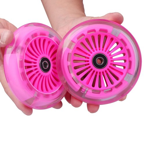 120mm 3-Wheeled Scooter Front LED Light Up Replacement Wheels, Kid Push Kick Scooter Flashing Wheel Set (Pair) (Pink)