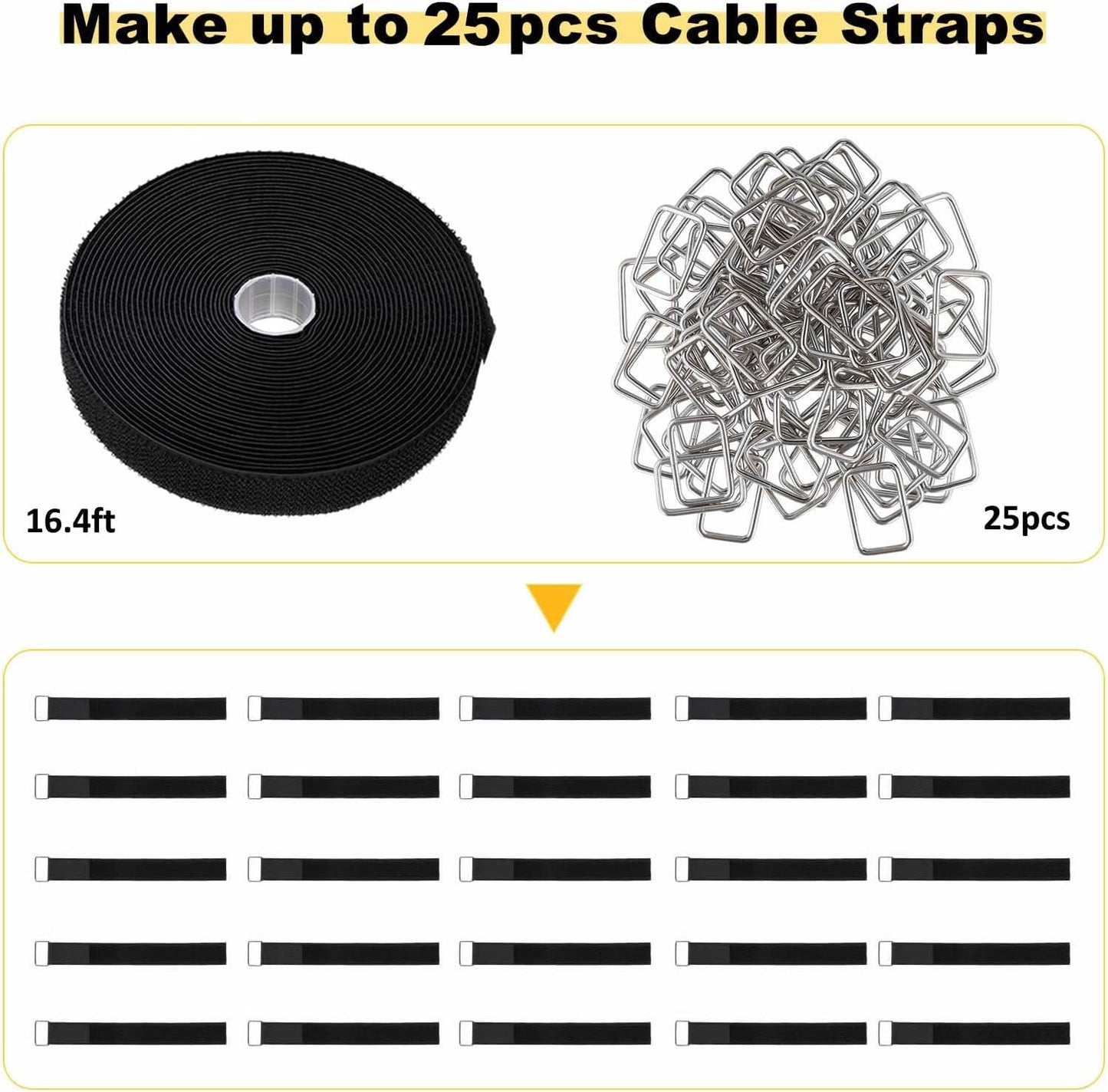YMCRLUX Hook and Loop Straps - 1"x16ft Adjustable Fastening Cable Ties with 25 Metal Buckles - Black