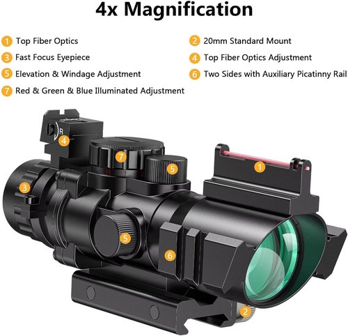 CVLIFE 4x32 Prism Hunting Rifle Scope - Illuminated Red, Green & Blue Reticle with Fiber Optic Sight