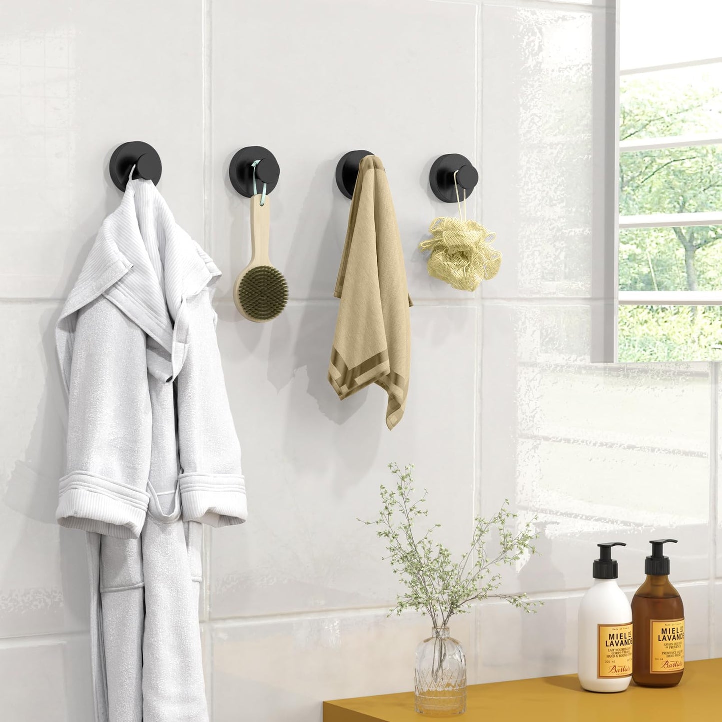 Suction Cup Hooks for Shower, Heavy Duty Towel Hooks for Bathroom Walls No Damage, Modern Shower Suction Hooks for Kitchen Wall, Glass, Mirror, Tile, Hanging Towels Robes, Black (2 Pack)