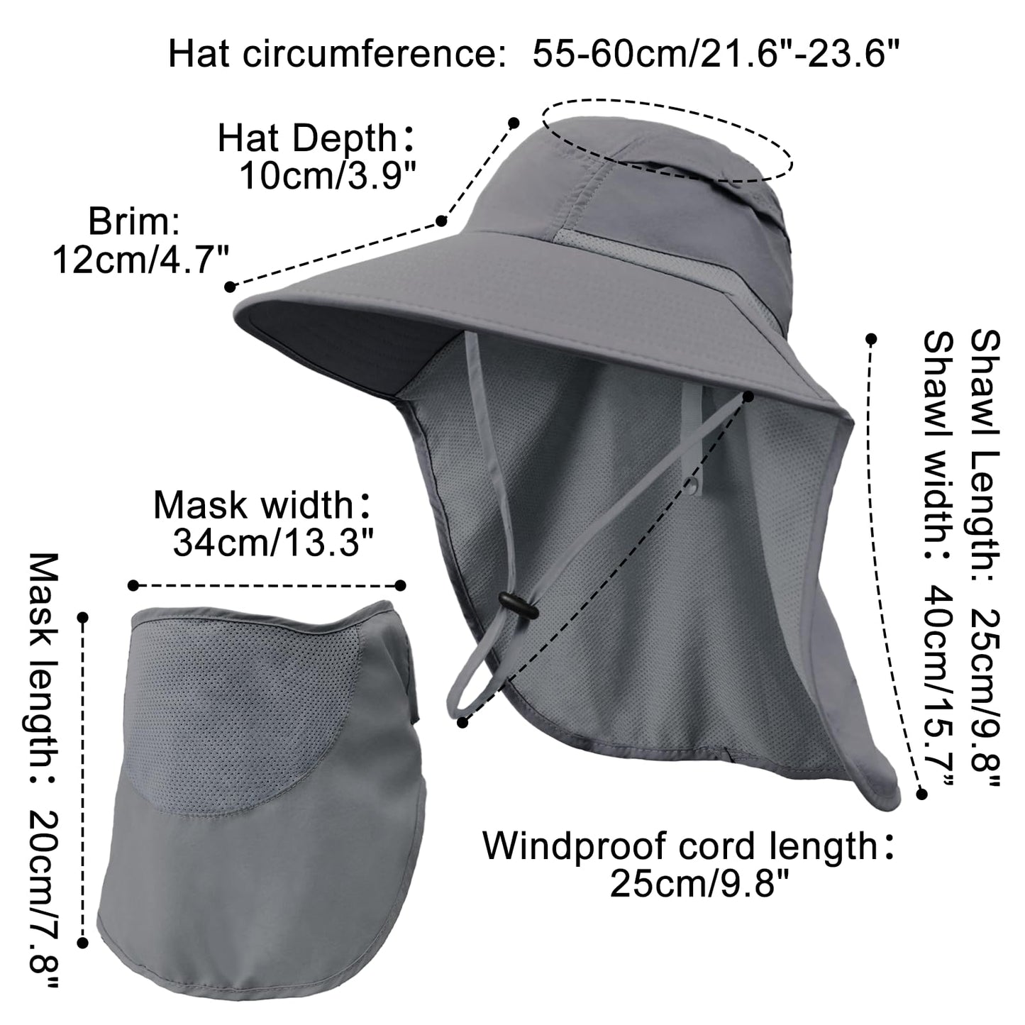Sun Hats for Men Women Detachable Face Cover Wide Brim Fishing Hats with Neck Flap UPF 50+ Outdoor Safari Hats Dark Grey