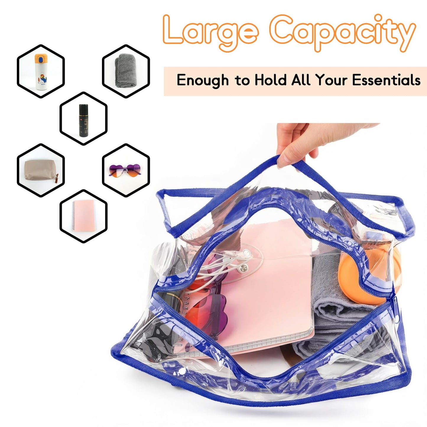 Hoiny Clear Bag for Stadium Events Approved, 12x6x12 Large Transparent Tote Bag with Zipper for Gym Concert Sports Festivals (Navy Blue)