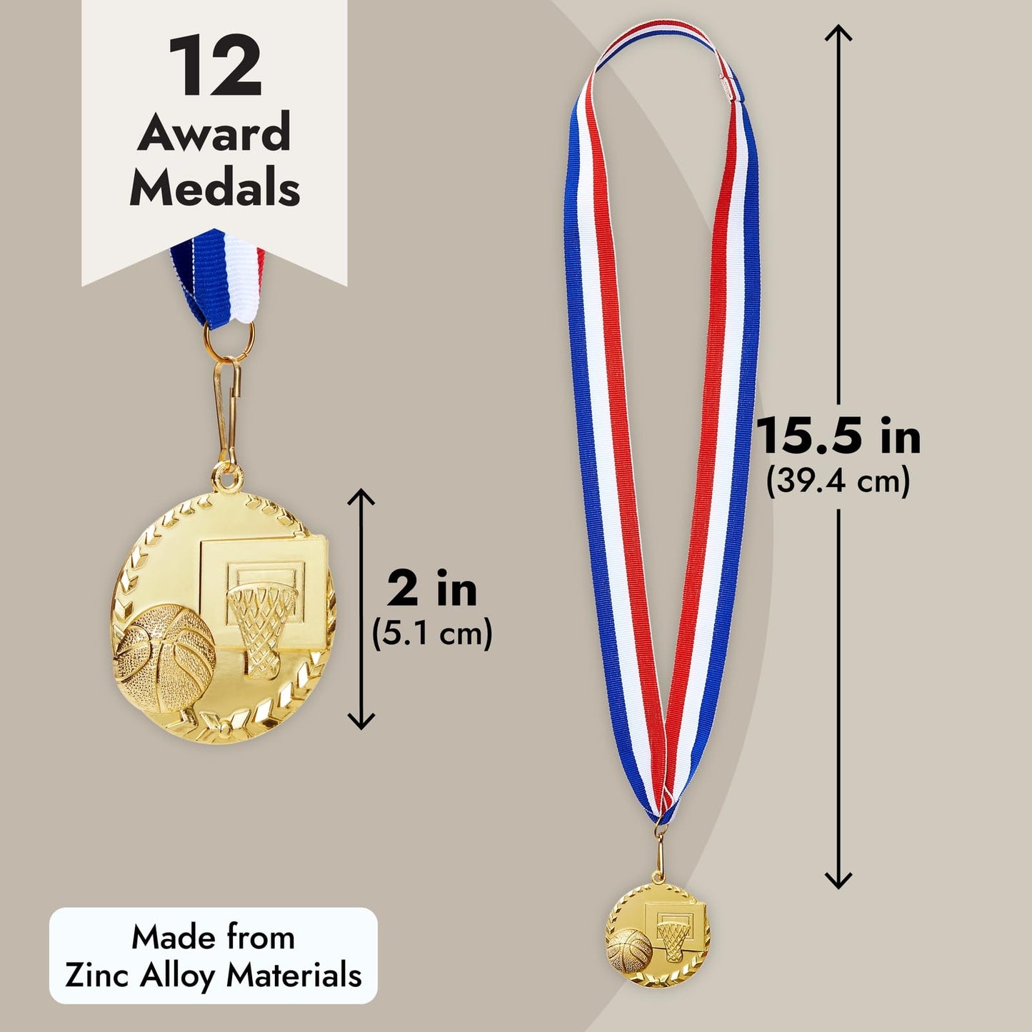 Juvale Basketball Medals for Kids & Adults - 12-Pack, 2" Gold Zinc Alloy & 15.5" - Red, White & Blue Ribbon - Medals for Awards