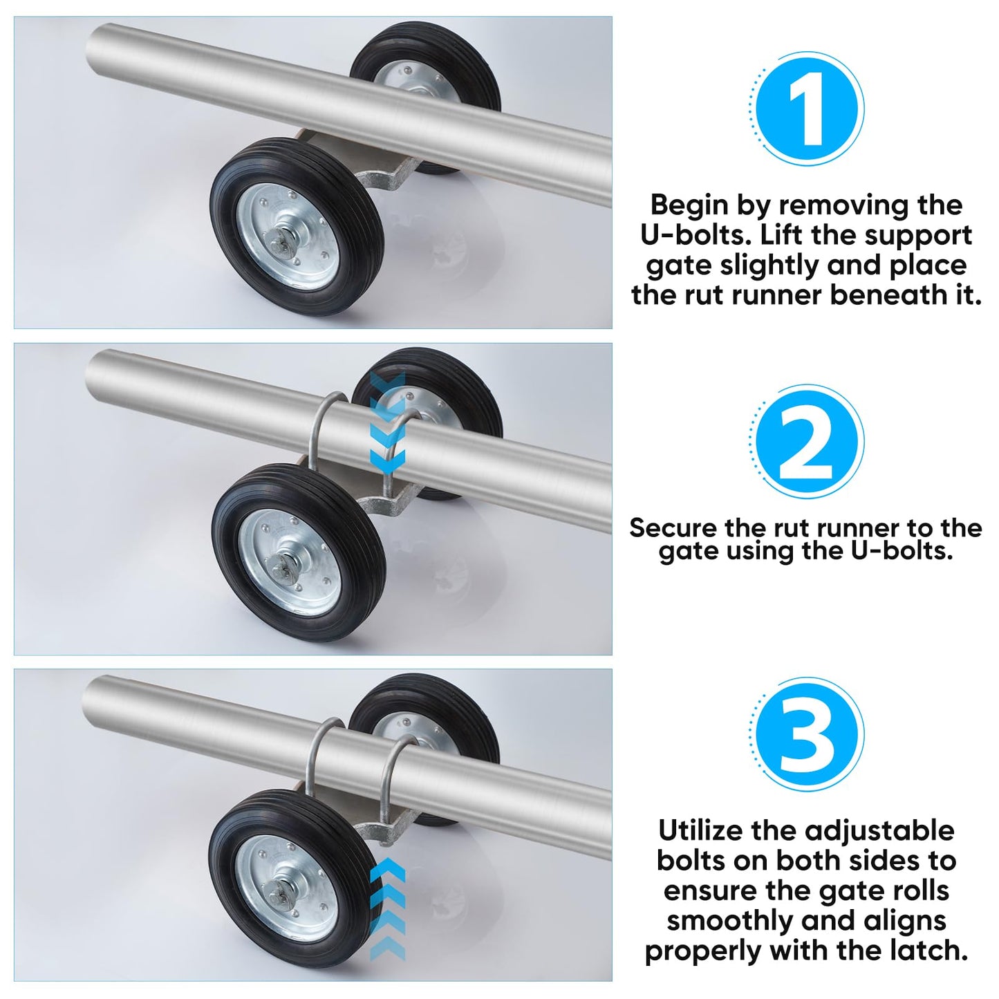 Heavy-Duty Steel Rolling Gate Wheel Carrier, 8" Rubber Wheels, Adjustable Steel U-Bolts, for Chain Link Gates or Metal Fence or Wooden Gate