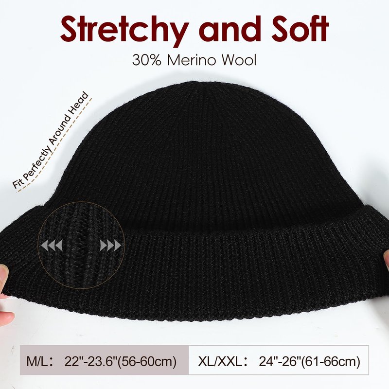 M/L/XL/XXL Merino Wool Beanie for Men, Plus Size Warm Knit Hat with Fold-Up Cuff, Soft Ski Skull Cap for Big Heads Black