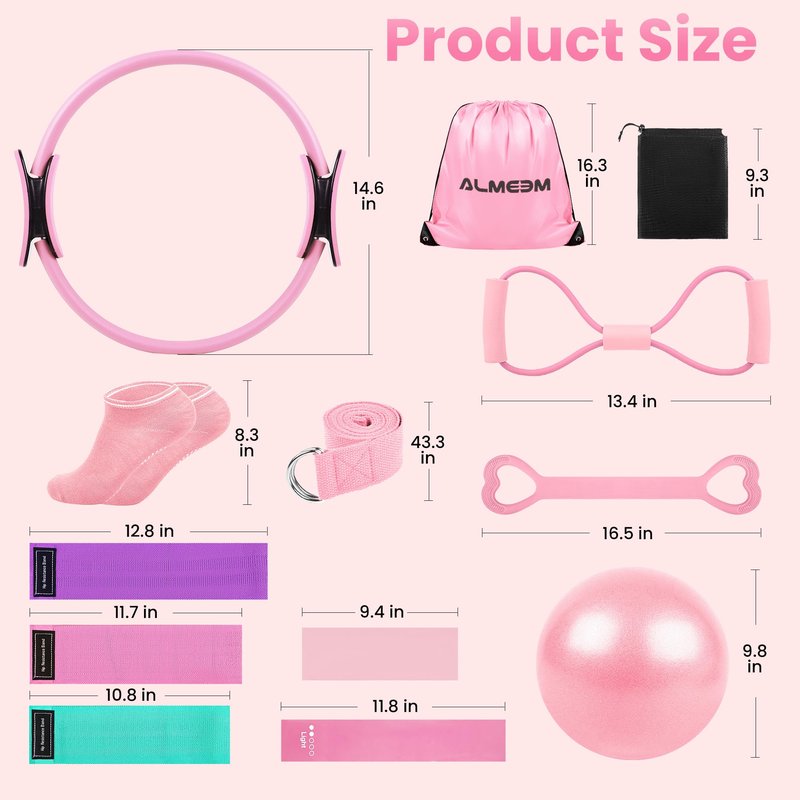 ALMEEM 12Pcs Pilates Ring Kit for Women and Men - 15 inch Magic Circle Exercise Ring and Ball Set for Home Workout Equipment - Dual Padded Handles Ring and Resistance Bands Set for All Fitness Lovers