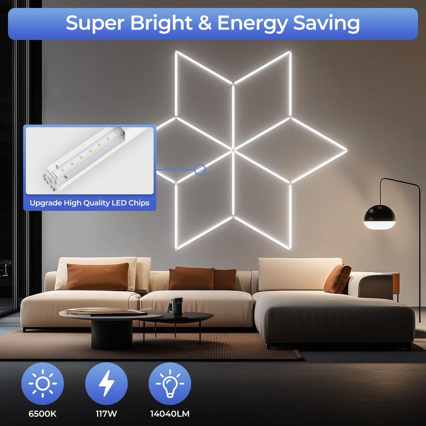 ALLYES Hexagon Garage LED Lights - 6500K 8910LM, Snowflake-Shaped Ceiling Light for Workshops, Basements, Gyms