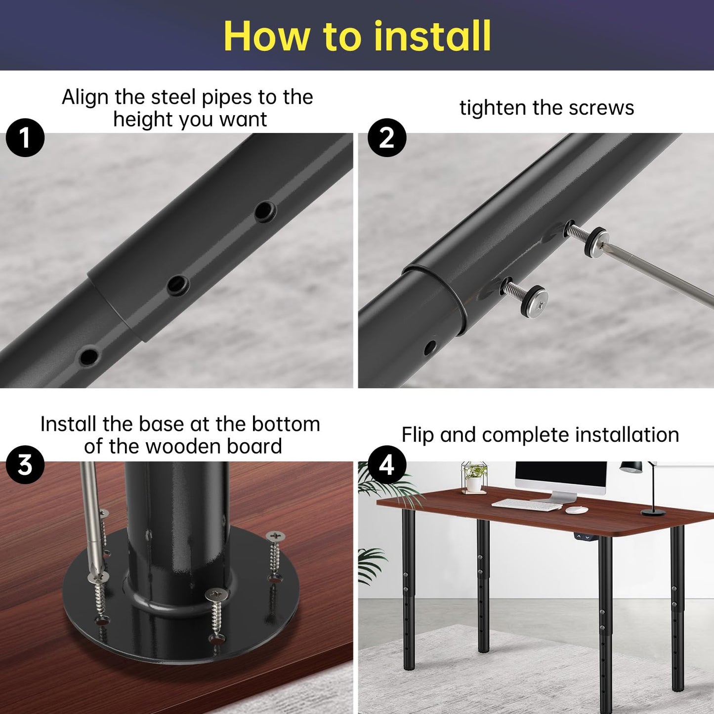 KOMOHOM Adjustable Furniture Leg Set 32~51 Inch, Adjustable Metal Table Leg， Home Office DIY Metal Desk Legs, for Computer Desk Dining Table Office Desk (4, Black)