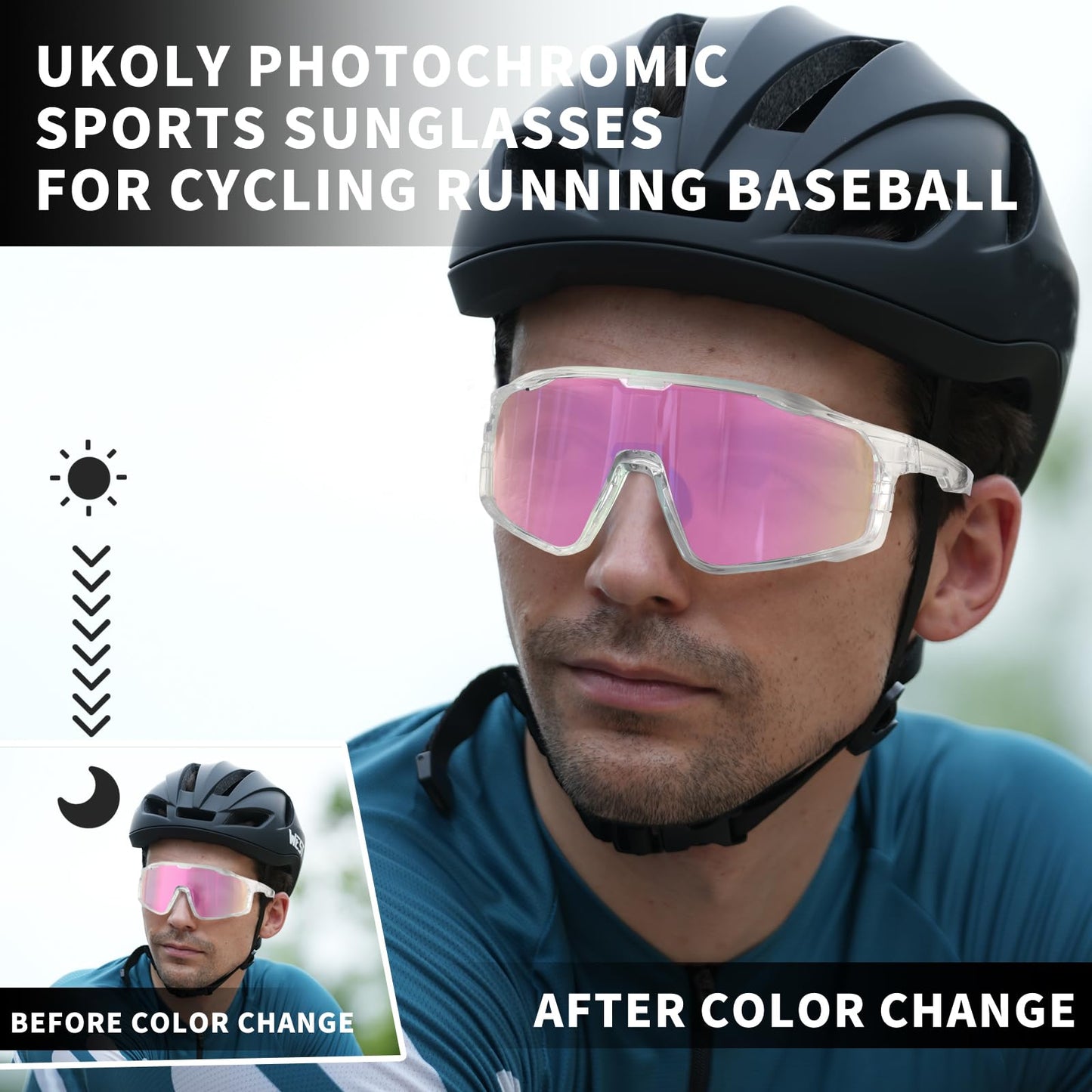 Ukoly Photochromic Cycling Glasses For Men Women, Sports Sunglasses For Baseball Running Cycling HD Lens UV400 Protection 628 (HD Photochromic Pink)
