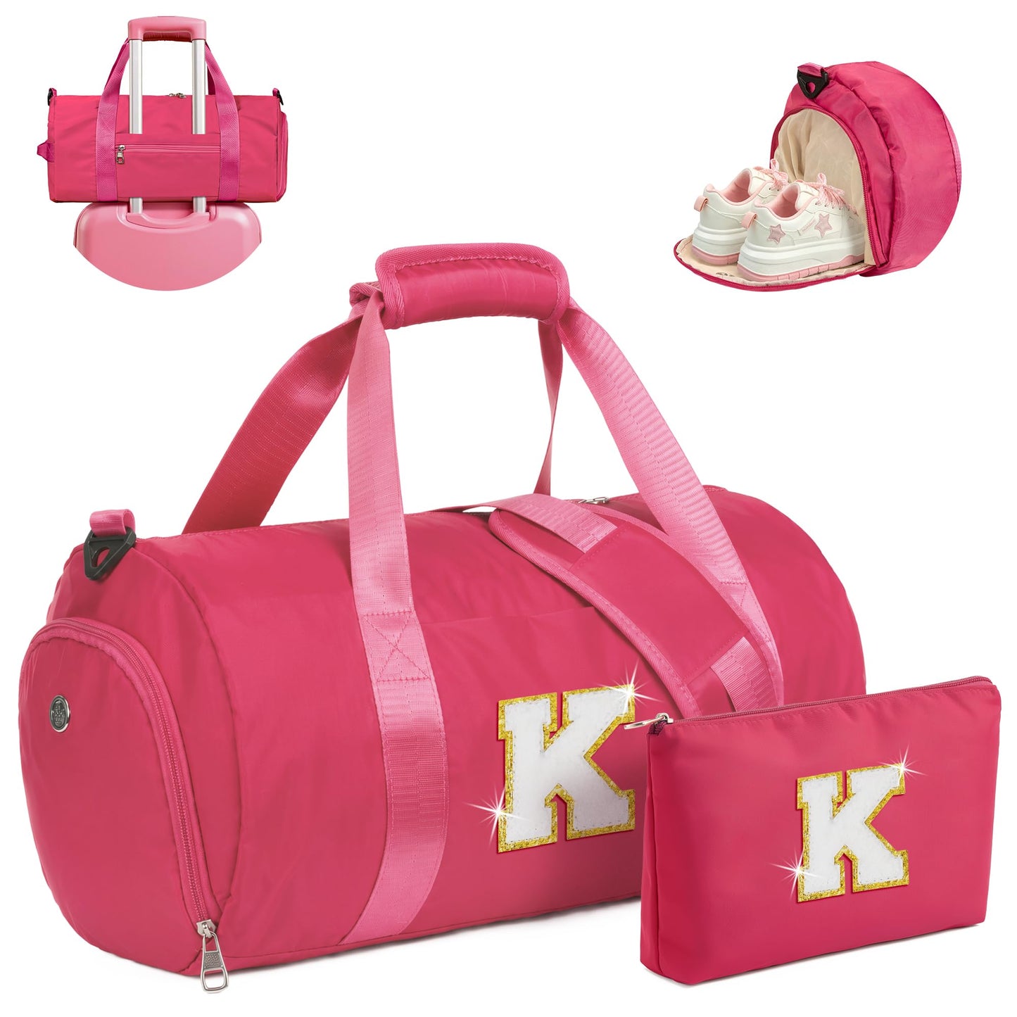 Vogewood Gifts for Grandkids, Girls Travel Duffle Bag with Makeup Pouch, Initial Kids Overnight Weekend Bag with Shoe Compartment, Customized Gifts for Teens (Letter K)
