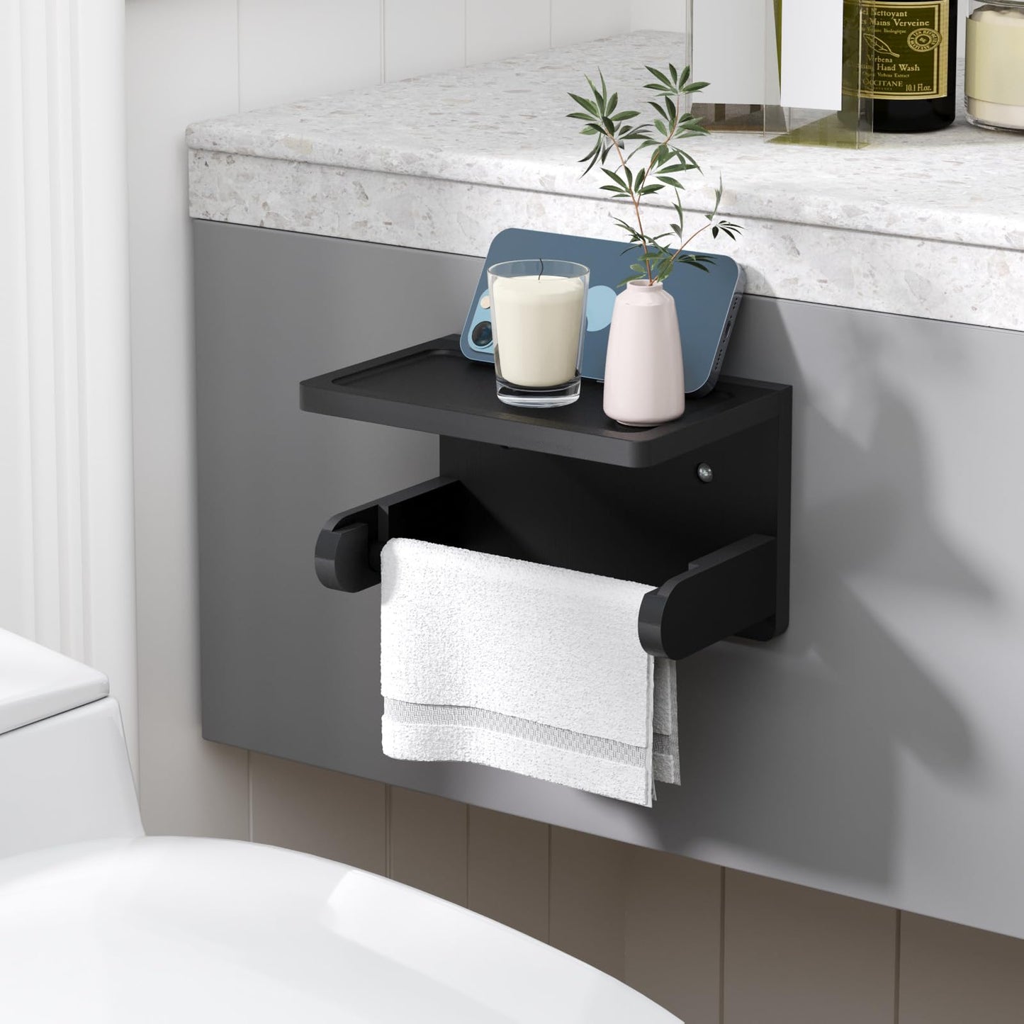 VERTORGAN Toilet Paper Holder with Phone Shelf,Bamboo Wall Mounted Tissue Roll Holder for Bathroom(Black)