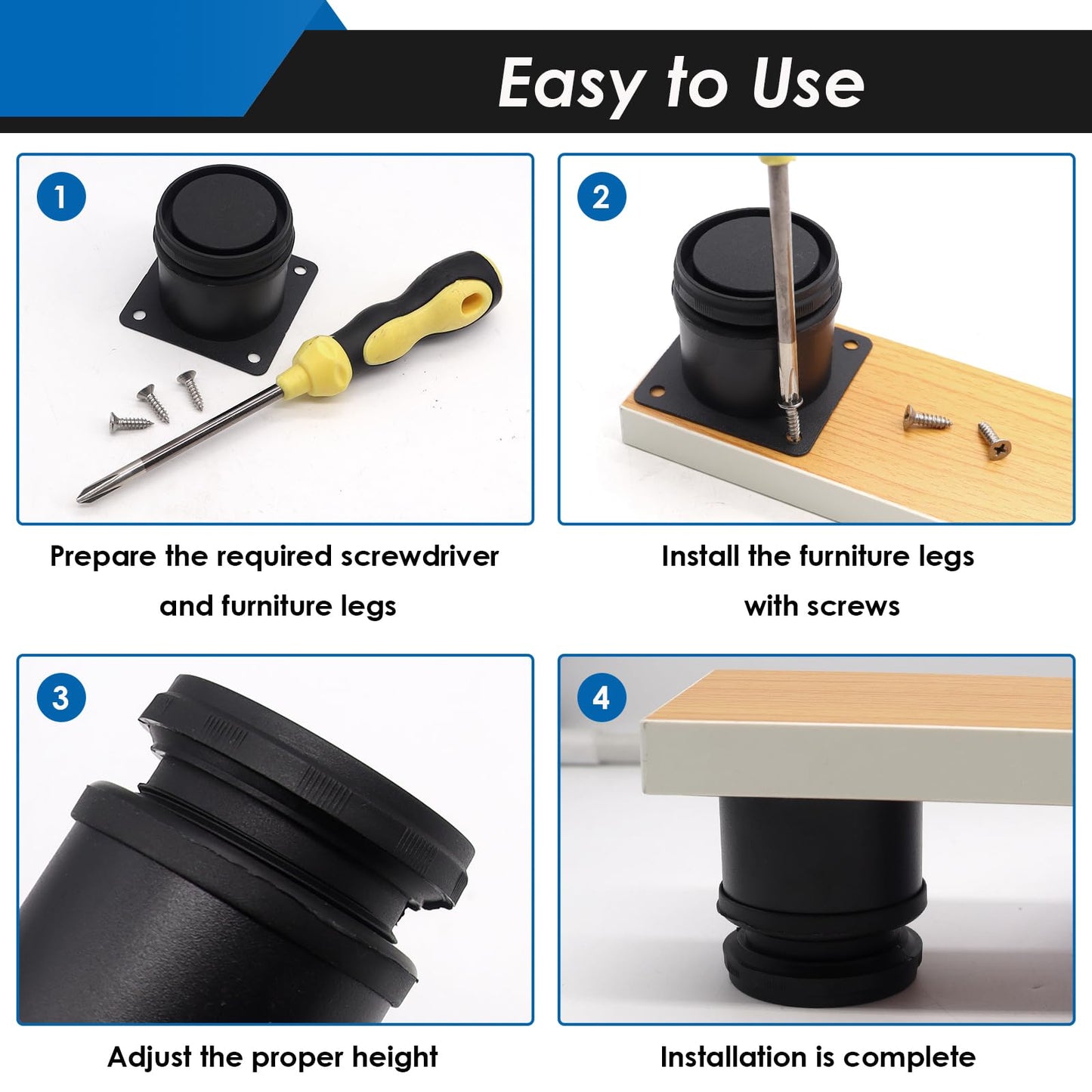 Eoppen 4-Pack 2 Inch Furniture Legs, Stainless Steel Adjustable Round Cabinet Legs with 16Pcs Screw for Cabinet Sofa Shelves Table DIY Furniture(Black 50x50mm)