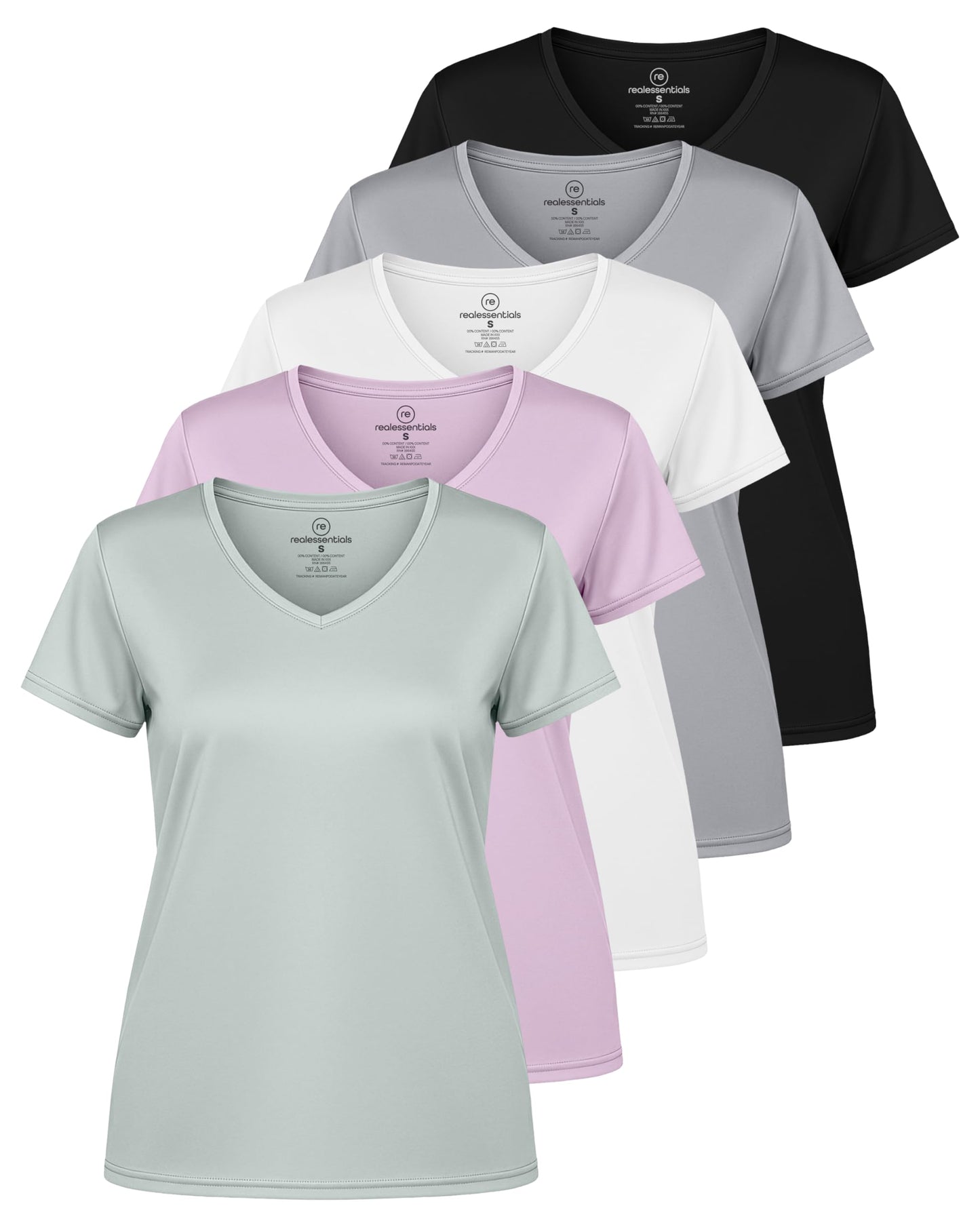 Real Essentials 5 Pack: Women's Dry-Fit Short Sleeve V Neck T Shirt Workout Fitness Yoga Top Tee, Set 9, L