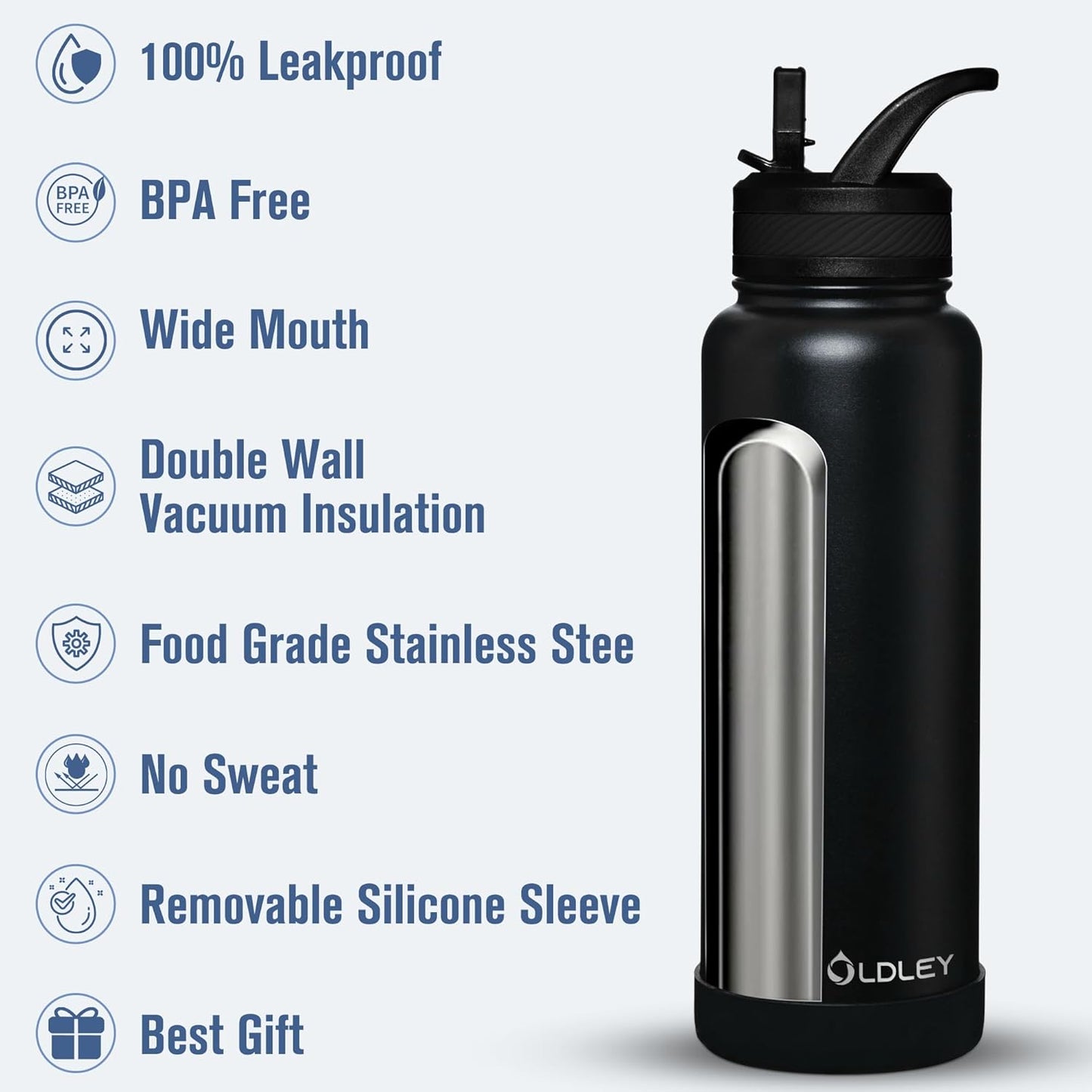 OLDLEY 40 oz Insulated Water Bottle - Stainless Steel Sports Flask with 3 Lids | Black Travel Mug