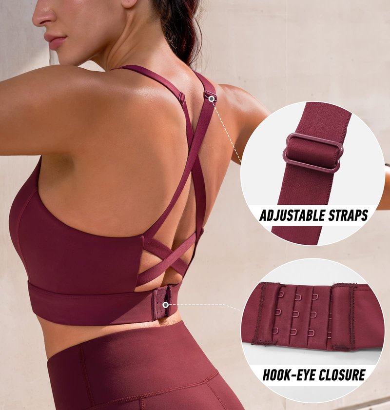Ewedoos High Support Sports Bras for Women Adjustbale Supportive High Impact Sports Bra Push Up Workout Running Bras Wine Red