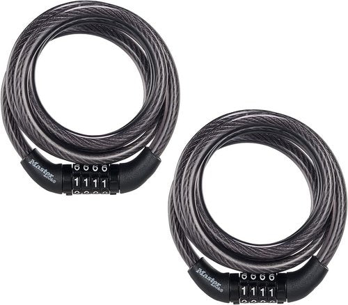 Master Lock Black Set - Preset Combination Bike Lock | Weather Resistant Vinyl Coating, 4 Feet Long, Pack of 2
