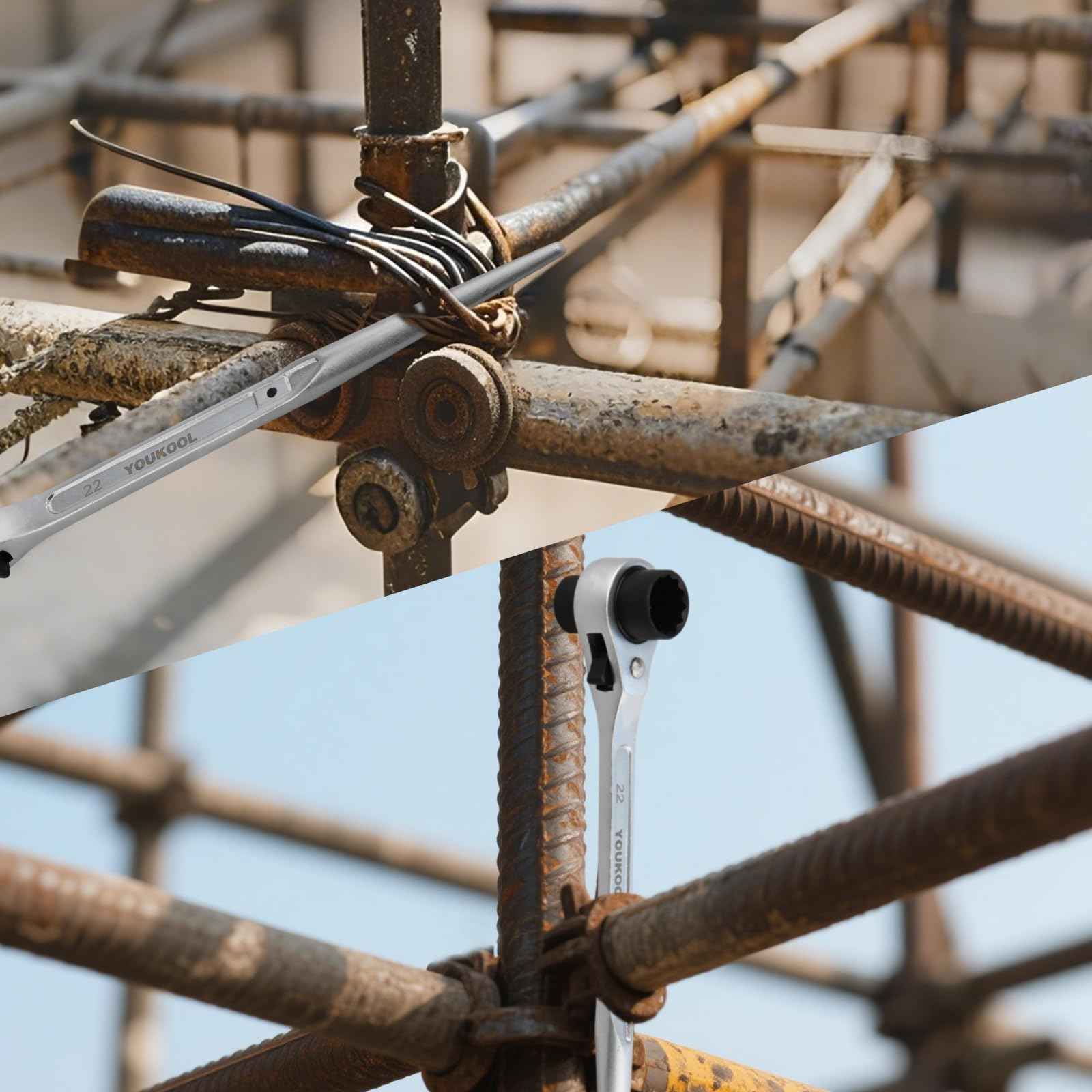 YOUKOOL 19mm x 22mm OR 3/4"×7/8" Ratcheting Scaffold Podger & Spud Wrench – 12-Point Double Ended Socket, Heavy-Duty Cr-V Steel Scaffold Tool,Silver