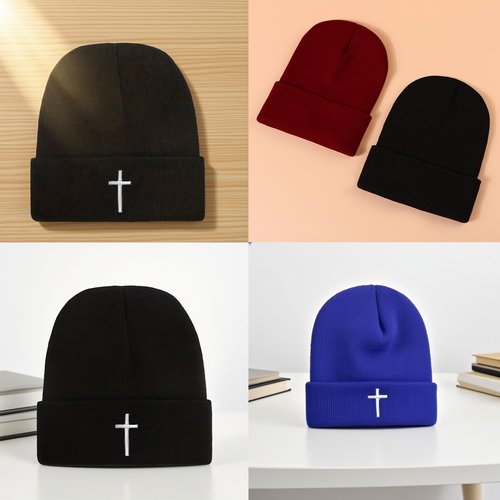 Black Beanie for Men Women Embroidery Christian Cross Jesus Beanies Hats for Men Unisex Christian Knit Warm Winter Hat for Men Women Cuffed Knitted Beanie Hat Chemo Cap Headwear Christ