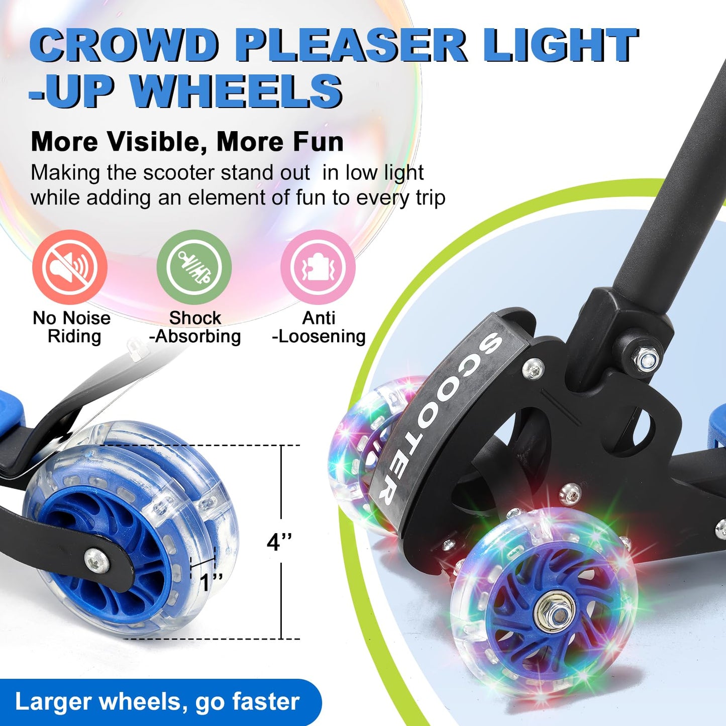 Scooters for Kids 6-8 8-12, Folding, 3 Light up Wheels Kick Scooter,3 Adjustable Height Handlebars, Lean-to-Steer,Widen Anti-Slip Deck, Heavy Duty Scooter for Boys Girls Ages 6-12,up to 170 Lbs