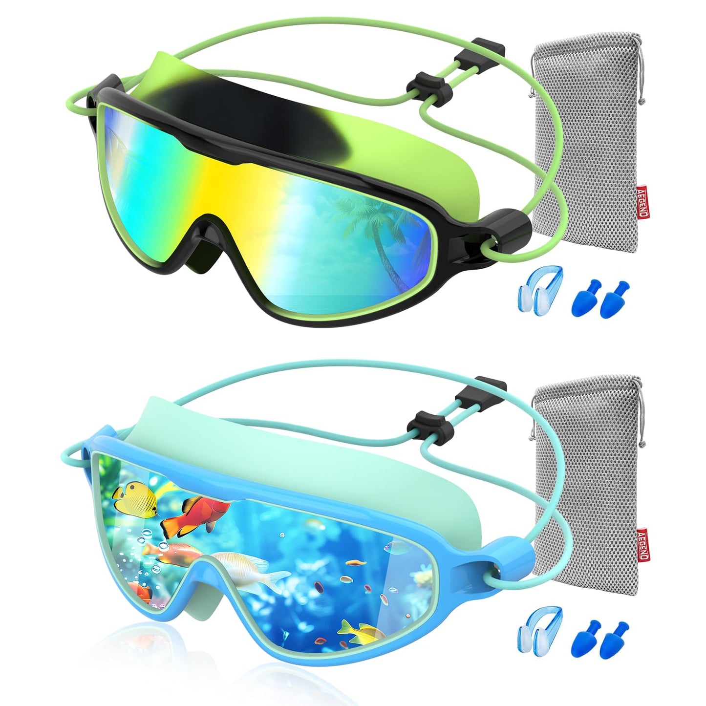 Aegend Kids Swim Goggles with Bungee Strap No Leaking Anti Fog Toddler Swimming Goggles with Quick Adjust Ages 6-14 (Aqua & Blue, Small)
