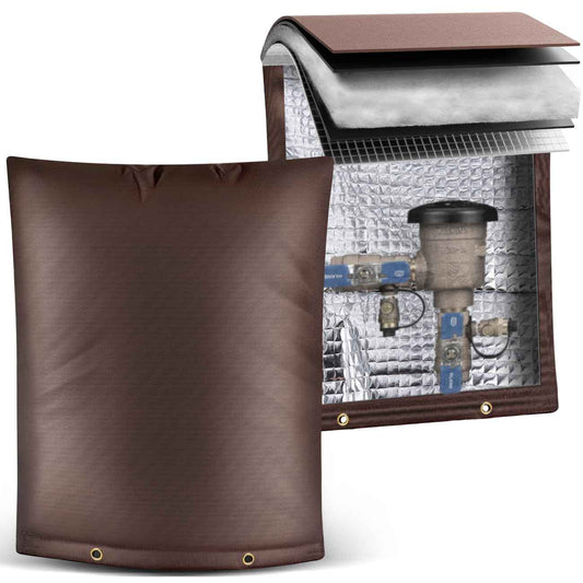 Outdoor Pipe Insulation Cover, Waterproof Backflow Preventer Cover for Winter Freeze Protection, Heavy-Duty 5-Layer Fabric Insulated Wrap for Sprinklers and Valves 16W x 20H inches- Brown