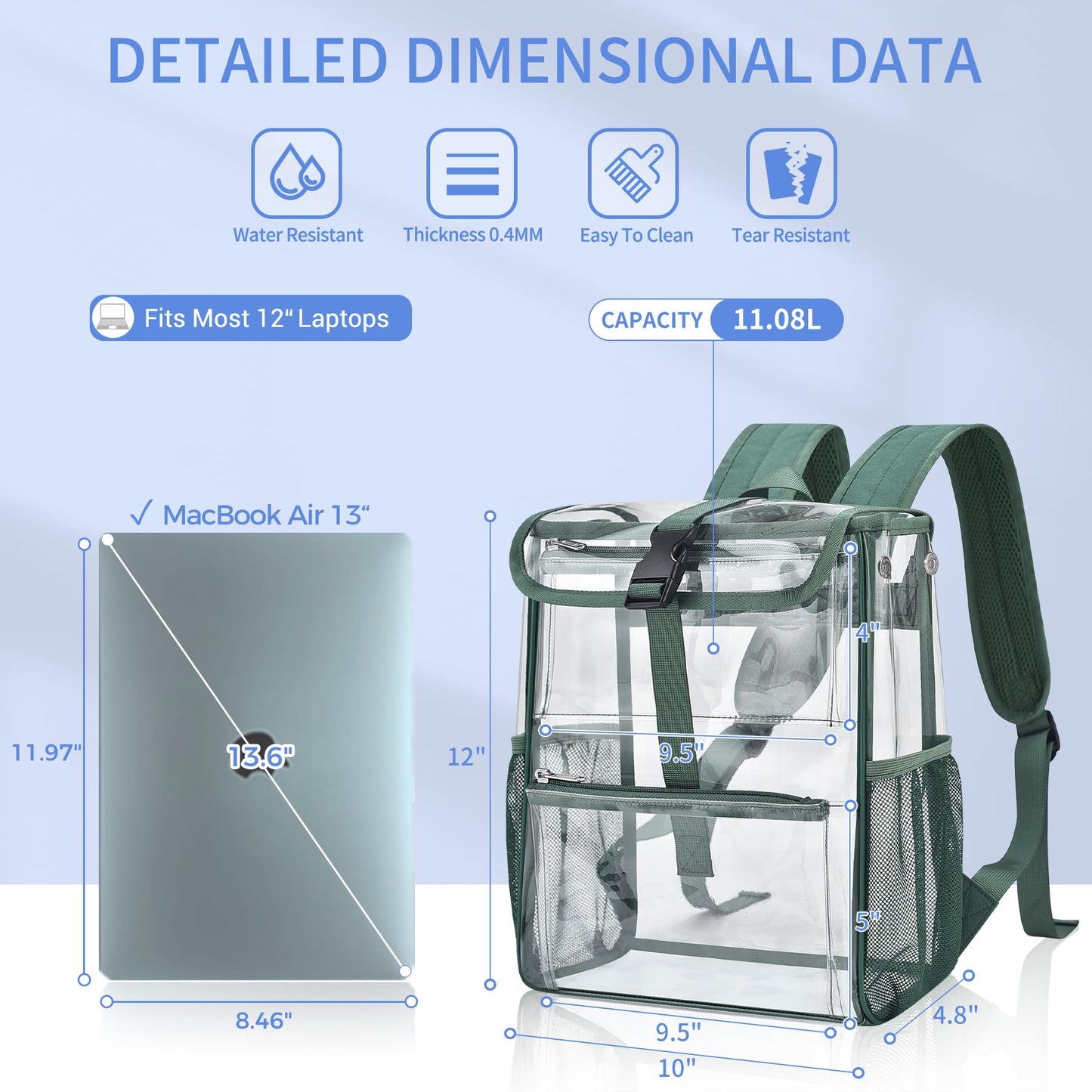 Mildbeer Green Clear Stadium Backpack for Sports Events & Concerts - Compact PVC Flap Backpack with Multi-Pocket Design
