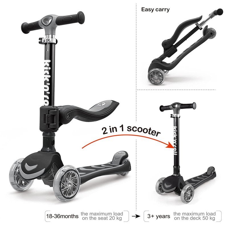 Kicknroll Toddler Scooter for Kids with Seat, Foldable Scooter with 3 LED Light up Wheels and 4 Adjustable Height, Lean to Steer, Extra Wide Deck, 110 Lbs Capacity