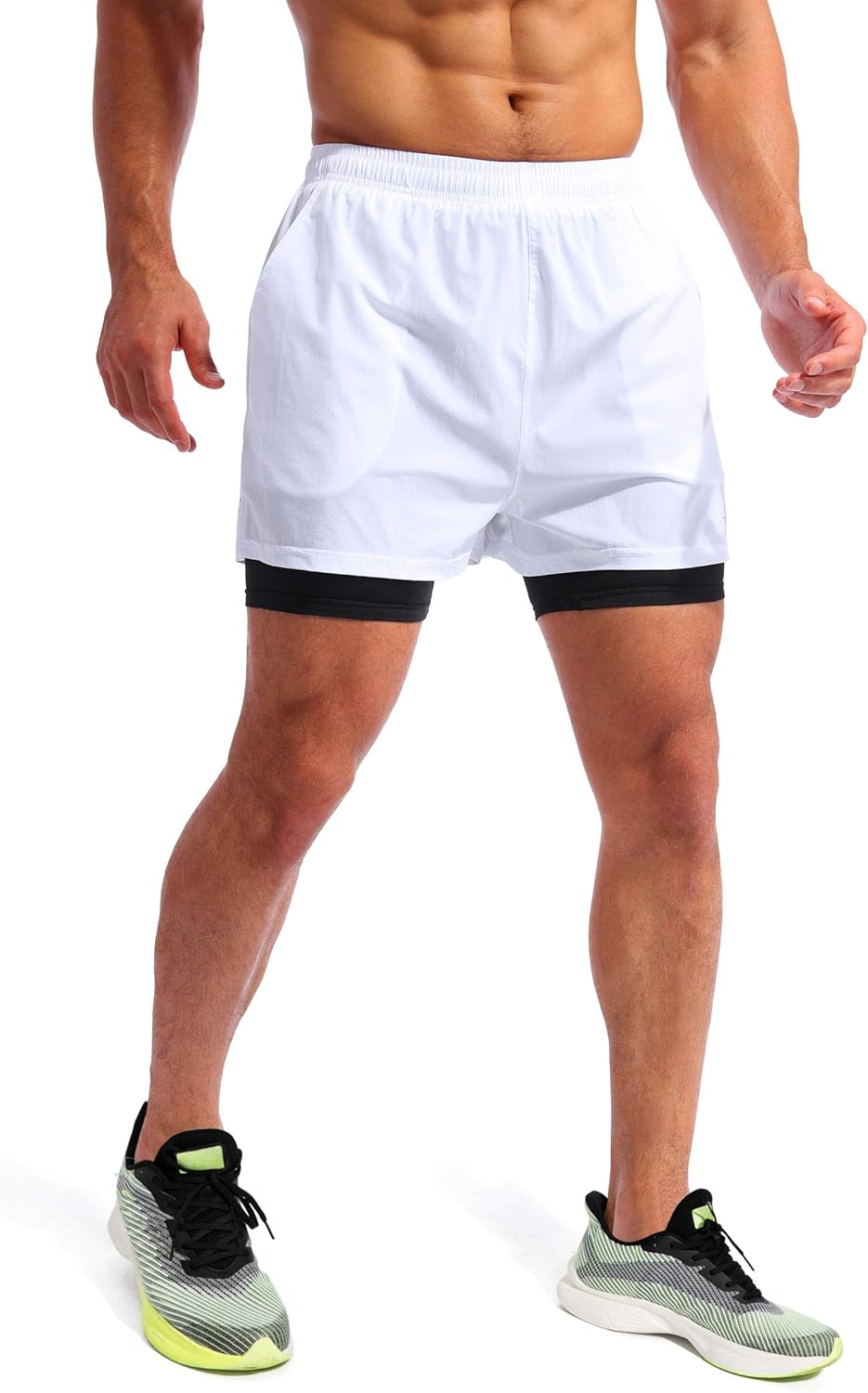 Pudolla Men's 2-in-1 Running Shorts - Quick Dry Athletic Gym Shorts with Phone Pockets | 5" Length