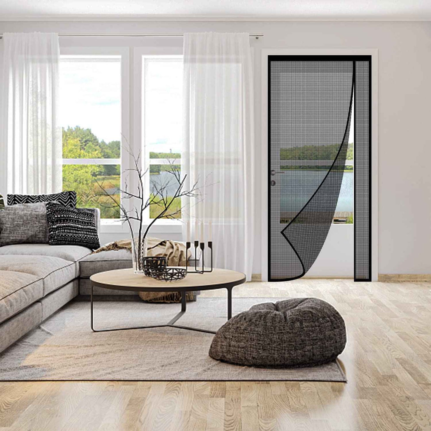 Reversible Left or Right Side Opening Magnetic Screen Door, Narrow Durable Fiberglass Mesh Curtain Hands Free for Patio, Bedroom, Fits Door Size 38" x 82", Black
