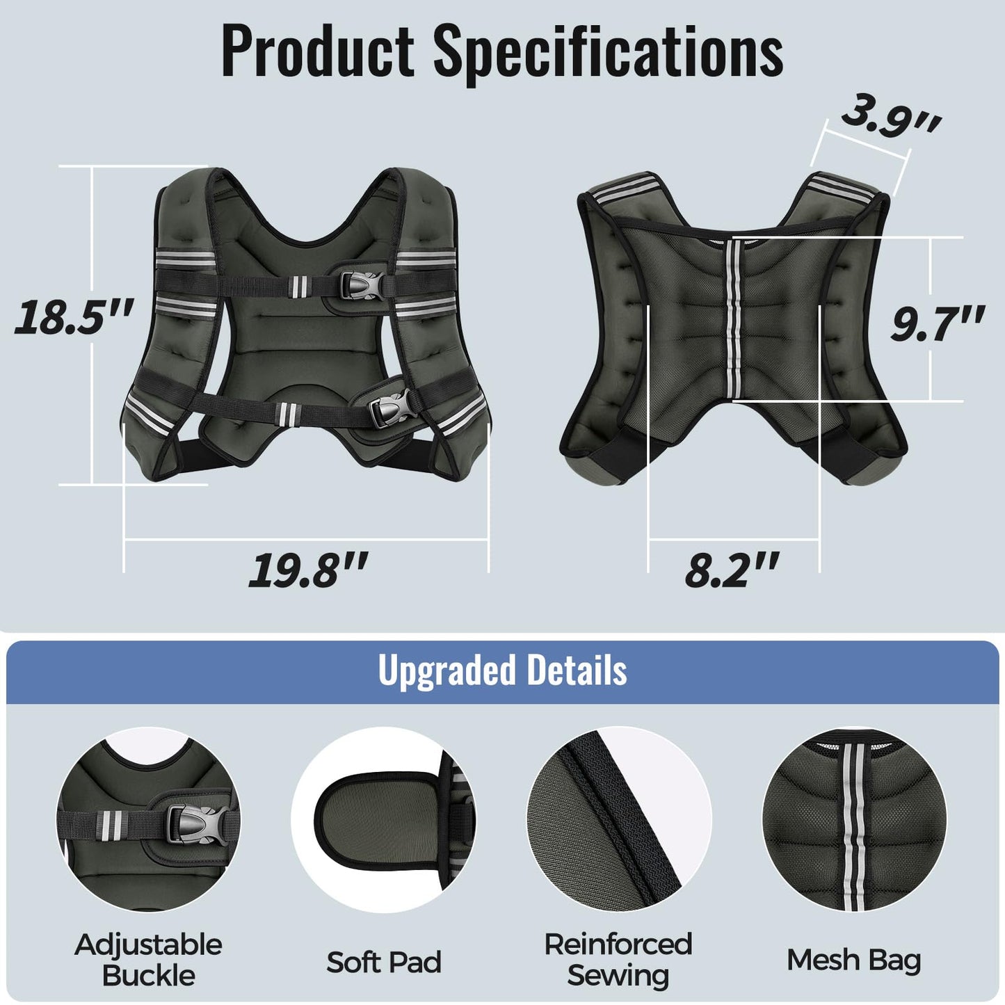Zeerun Weighted Vest, 6lb/8lb/10lb/12lb/15lb/18lb/20lb/24lb/30lb for Men Women, Reflective Stripe Adjustable Buckle, Comfortable Durable Rucking Vest for Walking Running Strength Training, 30LBS-Gray