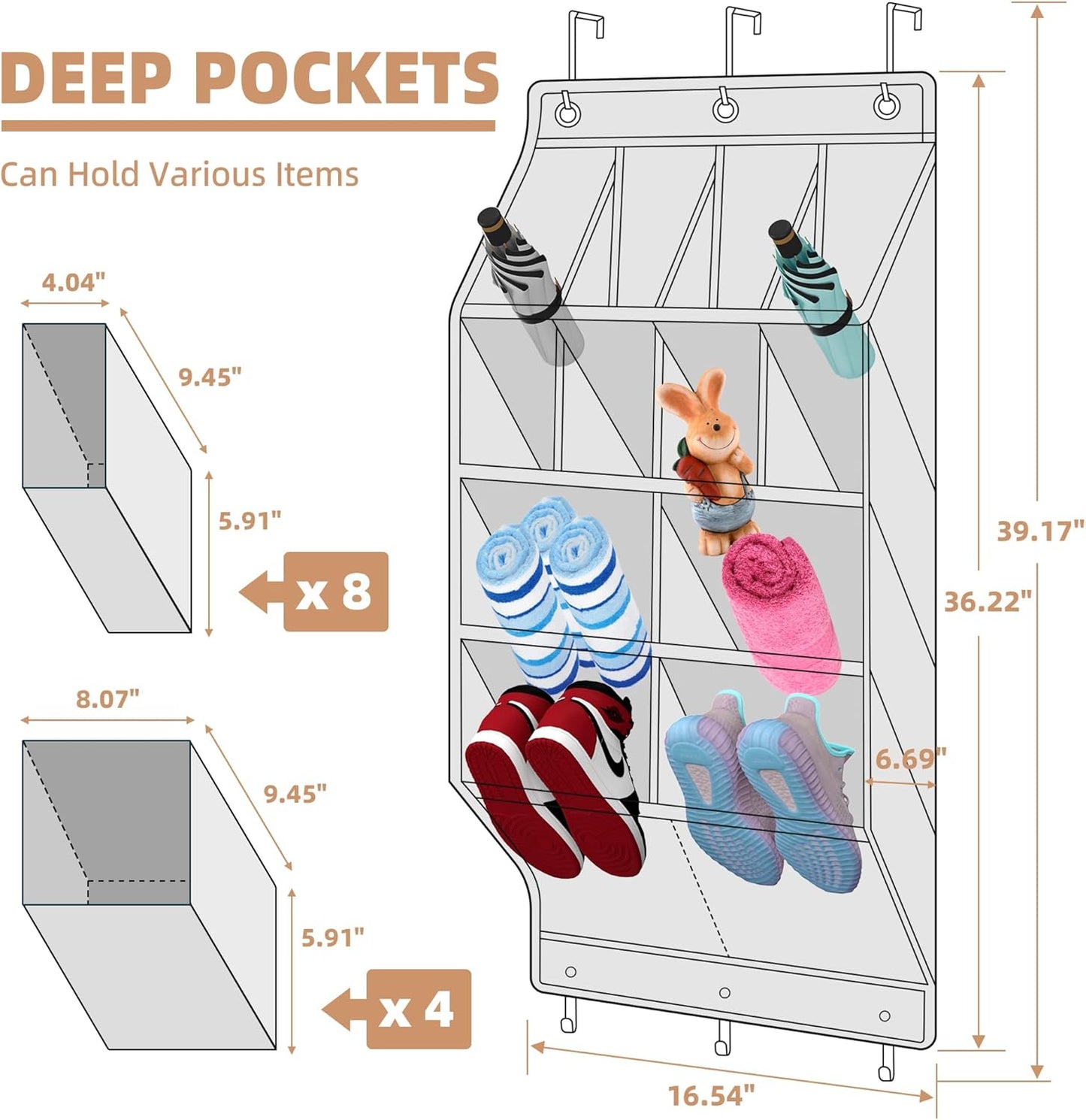 Storage Maniac Over Door Shoe Organizers - 2 Pack with 12 Large Pockets for Efficient Closet Storage | Grey