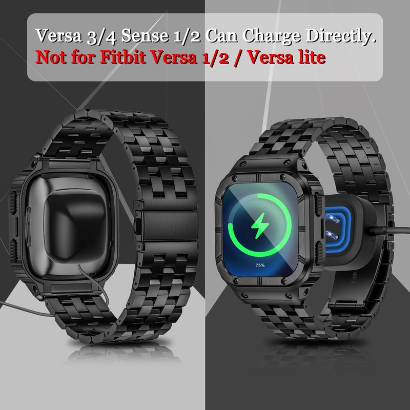 SUPLINK Stainless Steel Case & Band Compatible with Fitbit Versa 4/3/2 Bands, Protector Cover Strap for Fitbit Sense/Versa Lite Bands, Black