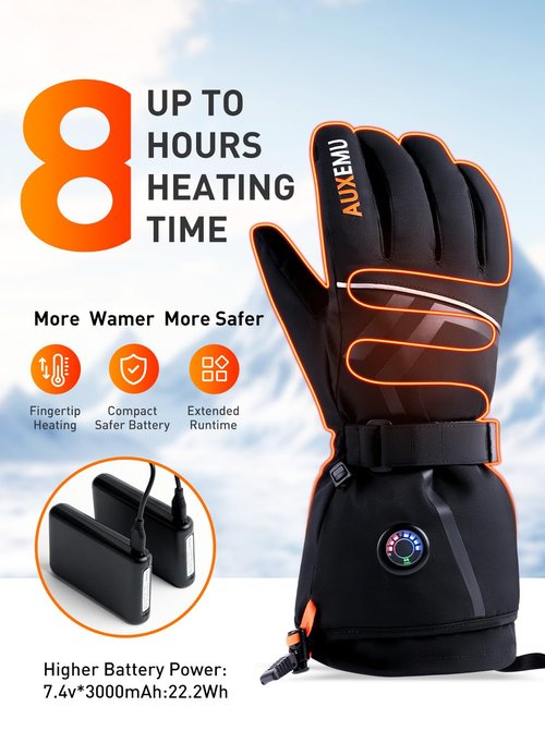 Heated Gloves for Men Women, Auxemu 7.4V Fast Heating 8H Warmth Heated Gloves with Visual Button Touchscreen/Reflective Strip/Waterproof for Motorcycle Riding, Skiing, Outdoor Work(Black, M)