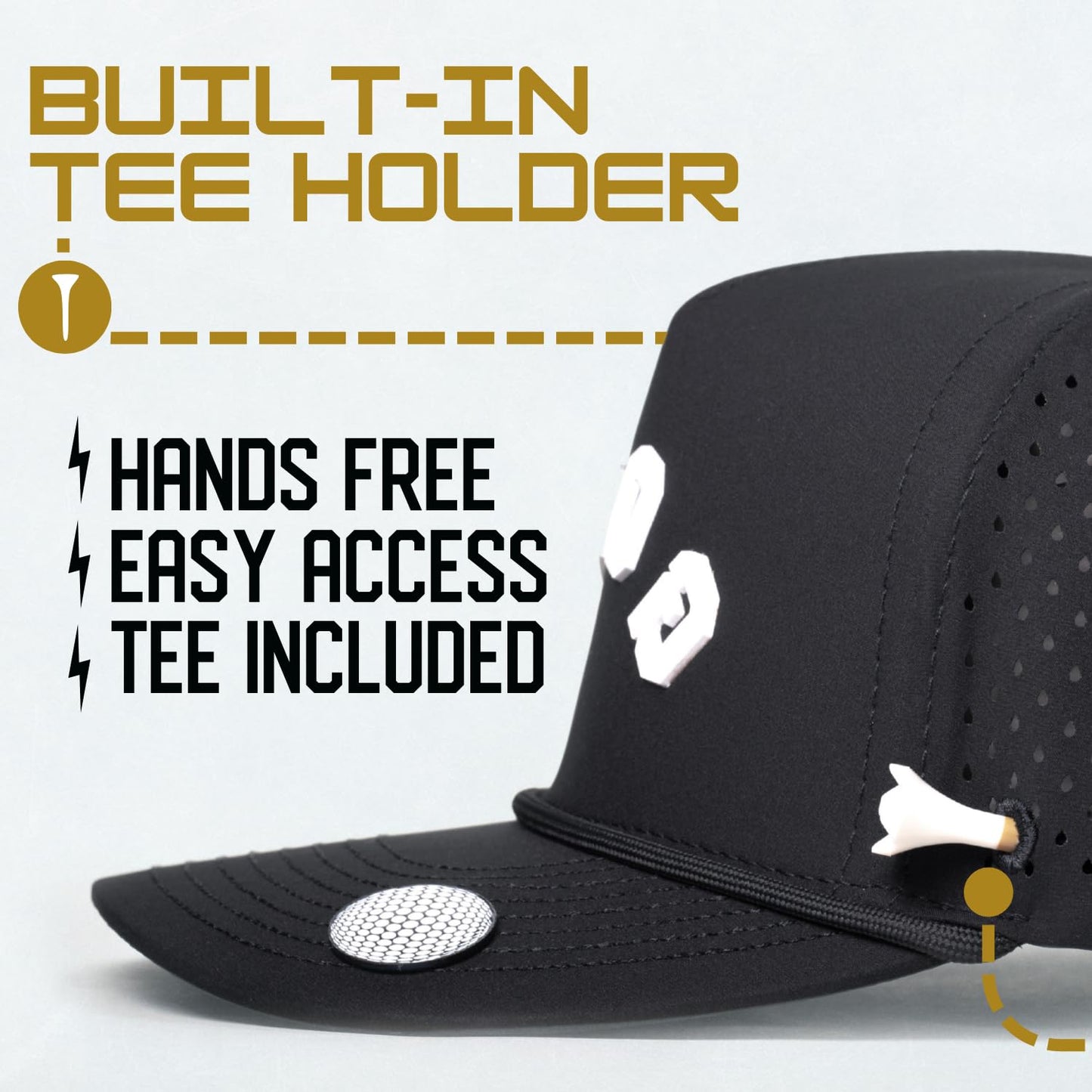 BRIMZ Golf Performance Hat - Tee Holder & Magnetic Brim - Breathable Sweat & Water Resistant Golfing Snapback Cap (Golf - Black)