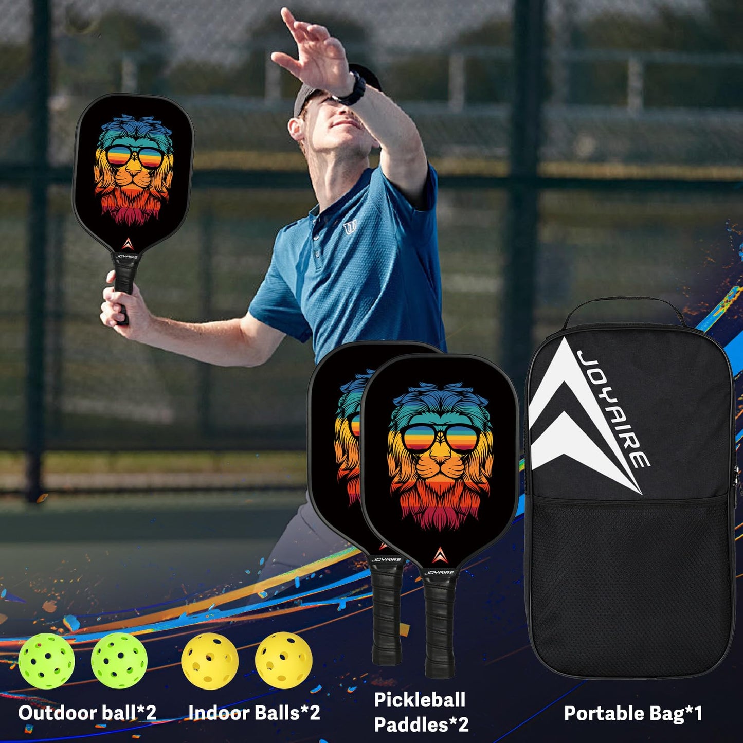 JOYAIRE Pickleball Paddles Set of 2, Fiberglass Pickleball Set, Lightweight Pickle Ball Paddle Honeycomb Core, Pickle Ball Rackets 2 Pack with 4 Pickleball Balls & Bag for Adults, Kids, Beginners