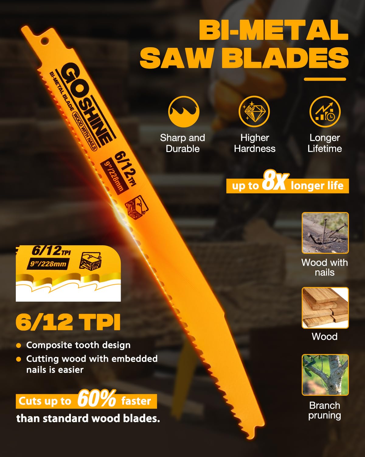 10 Pack 9 Inch 6/12 TPI Reciprocating Saw Blades for Nail-Embedded Wood,Bi-Metal Blades for Cutting Stud and Nail PVC Pallets etc