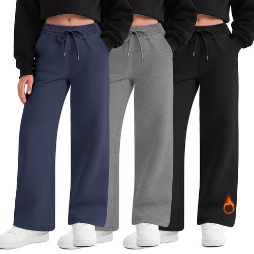 LessonZoo 3 Pack Girls' Sweatpants Fleece Lined Wide Leg Drawstring Casual Kids Open Bottom Pants with Pockets Teen Girl(Navy Blue, Heather Gray, Black,11-12 Years)