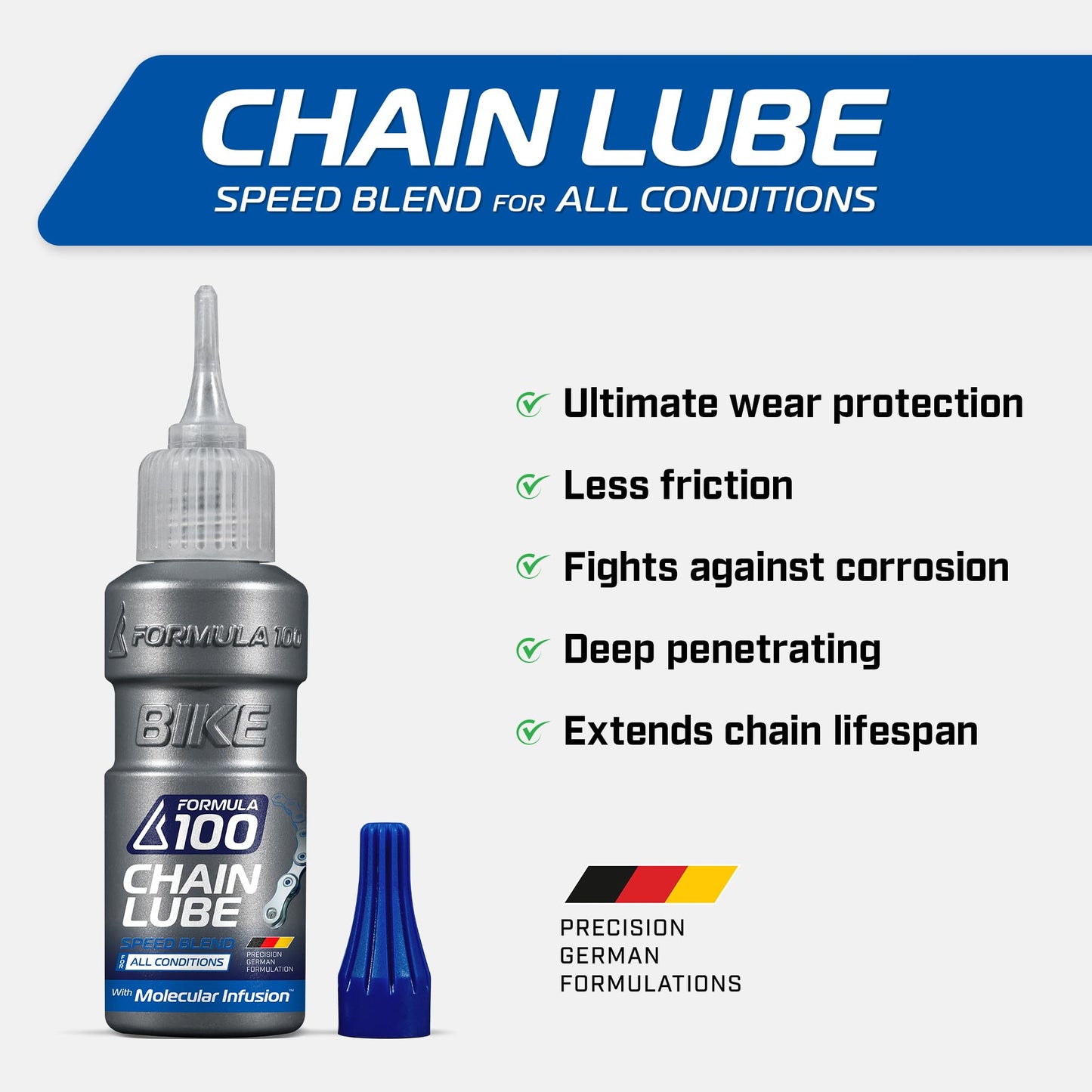 Formula 100 Chain Lube Pro Pack with All Conditions, Dry Conditions, & eBike Lubricant – Collection of Lubricant for Bicycles & Electric Bikes – Protects Against Wear & Corrosion – Three 50ml Bottles