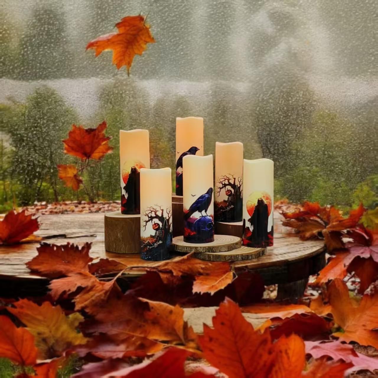 Halloween LED Flameless Candles, Gothic Design, Set of 6, 6x3 / 2.15 inch, Remote Control with Timer, Battery Operated (6, D 2.15 ")