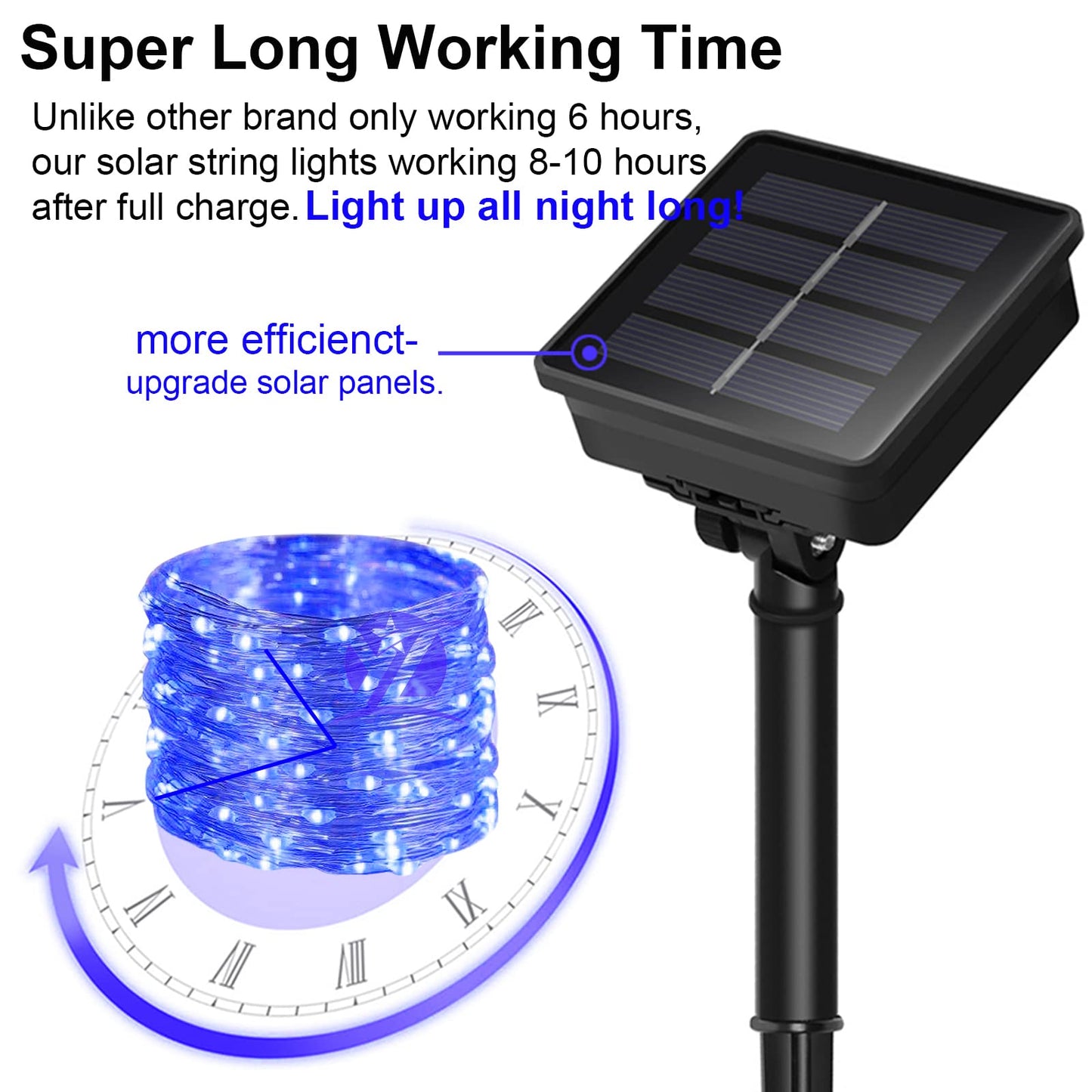 YAOZHOU Blue Solar Christmas String Lights Outdoor Waterproof, 2Pack Total 200Led 66Ft 8 Modes Copper Fairy Lights for Halloween Garden, Patio, Fence, Balcony, Outdoors