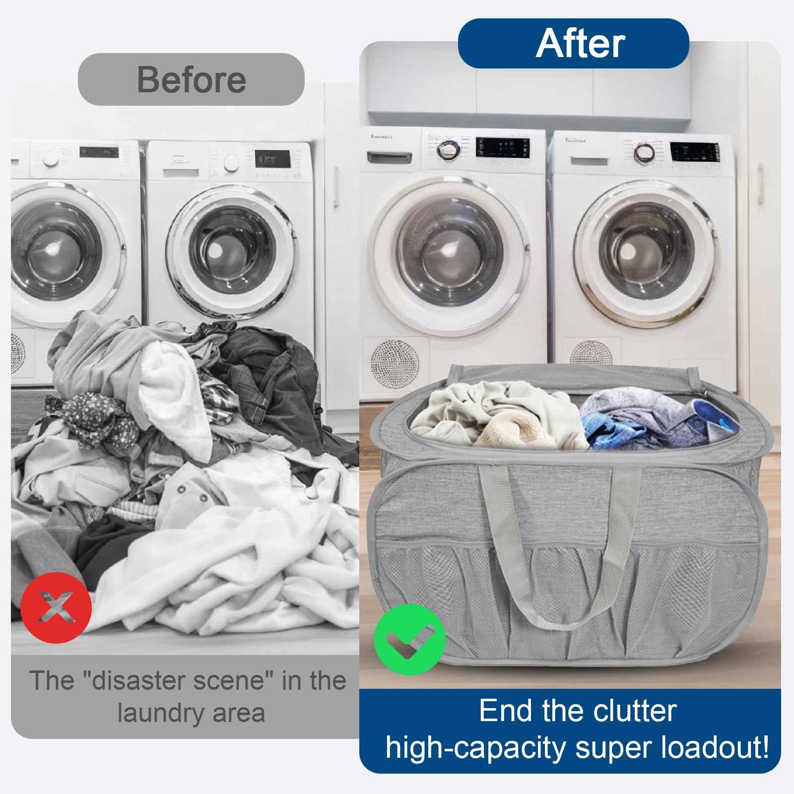 Collapsible Laundry Baskets, Tear Proof Pop Up Laundry Hamper with Lid, Dual Handles Durable Foldable Laundry Basket, Easy to Carry Laundry Hamper for Home, Laundry Room, Bedroom, Dorm, Travel Grey